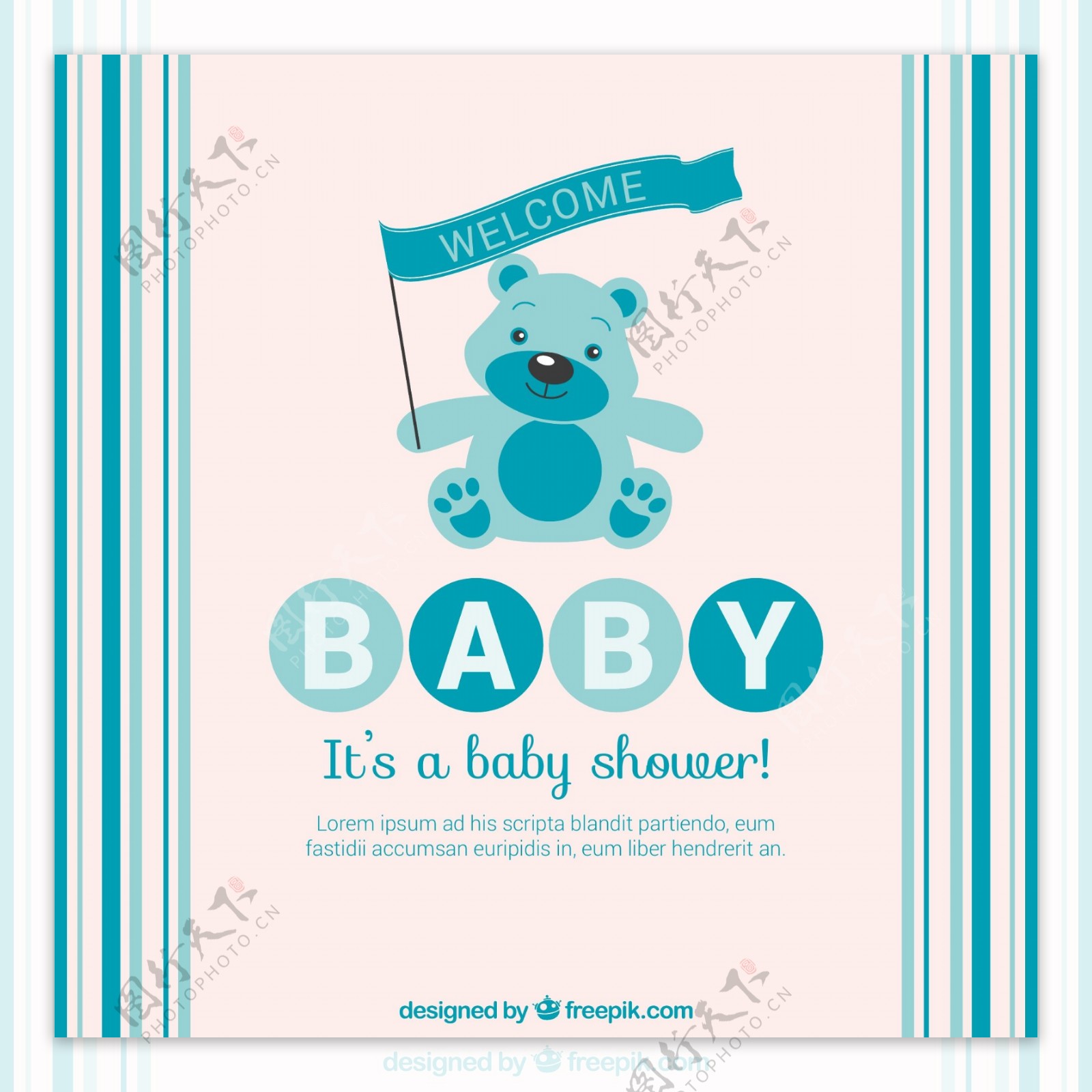 蓝色泰迪熊迎婴派对海报矢量图
