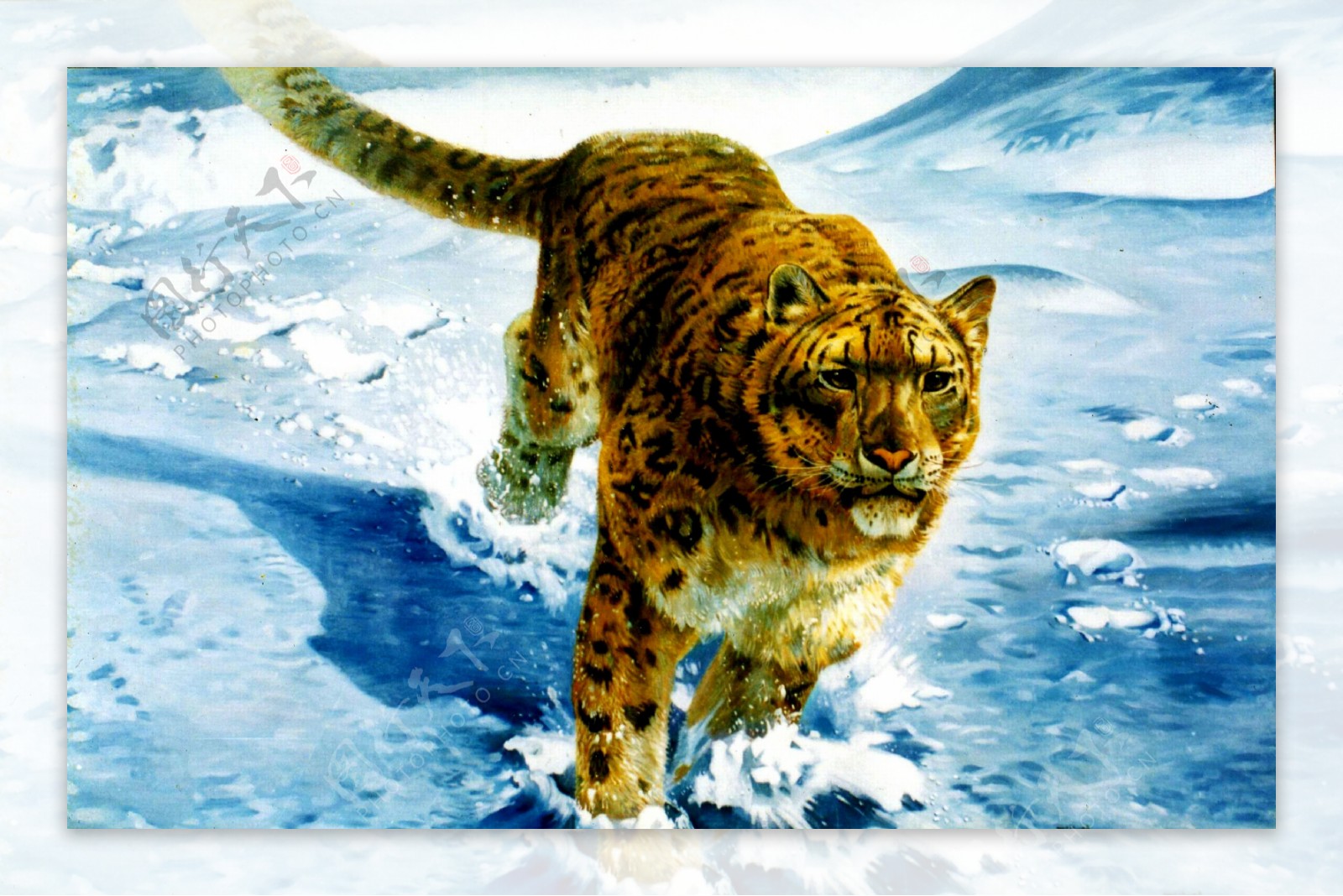 奔跑的雪豹油画图片