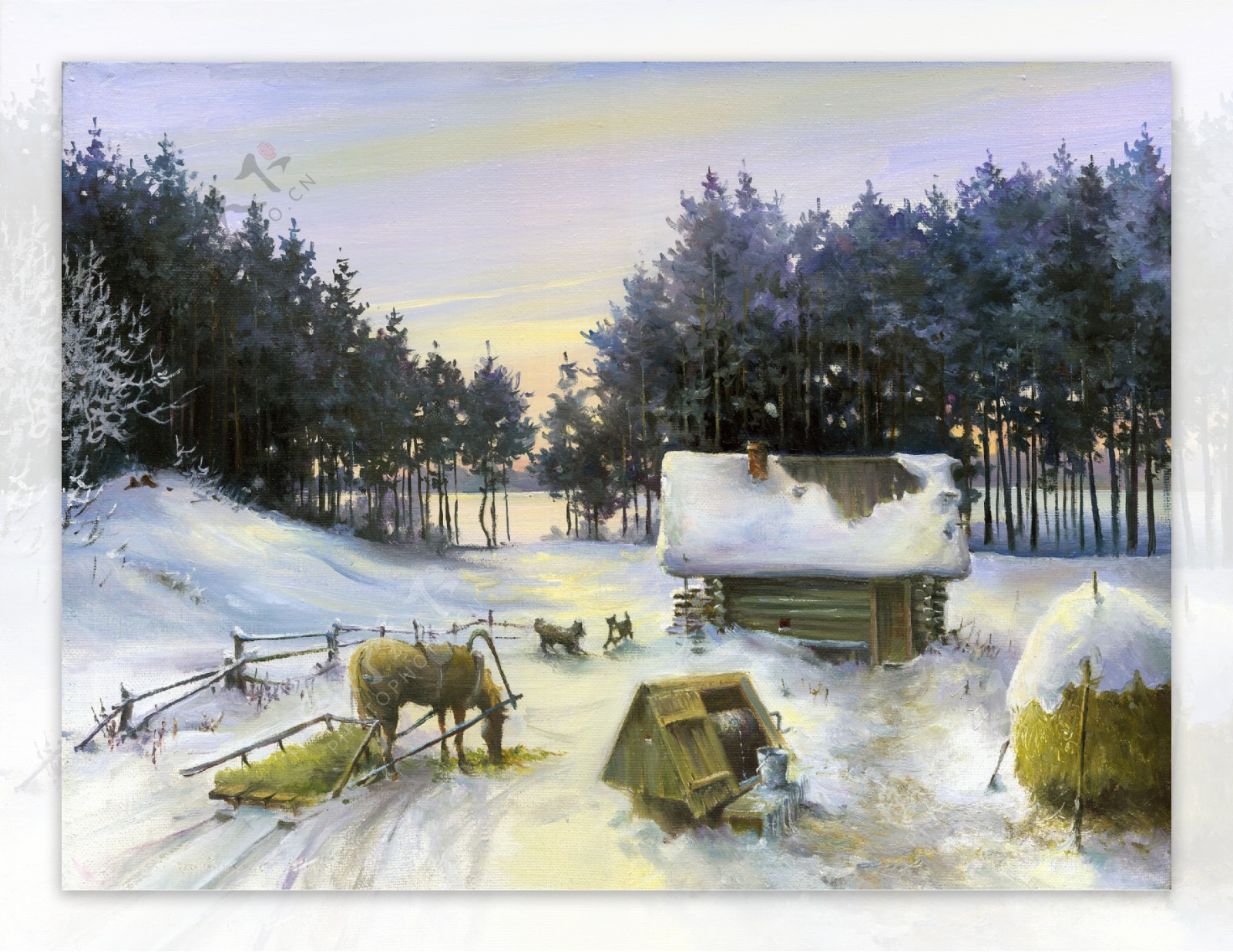 雪地上的木屋和牛油画图片