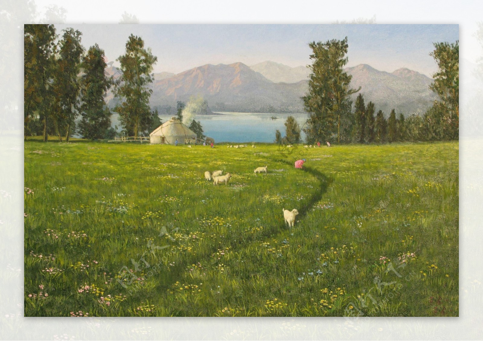 美丽草地上的小羊油画图片