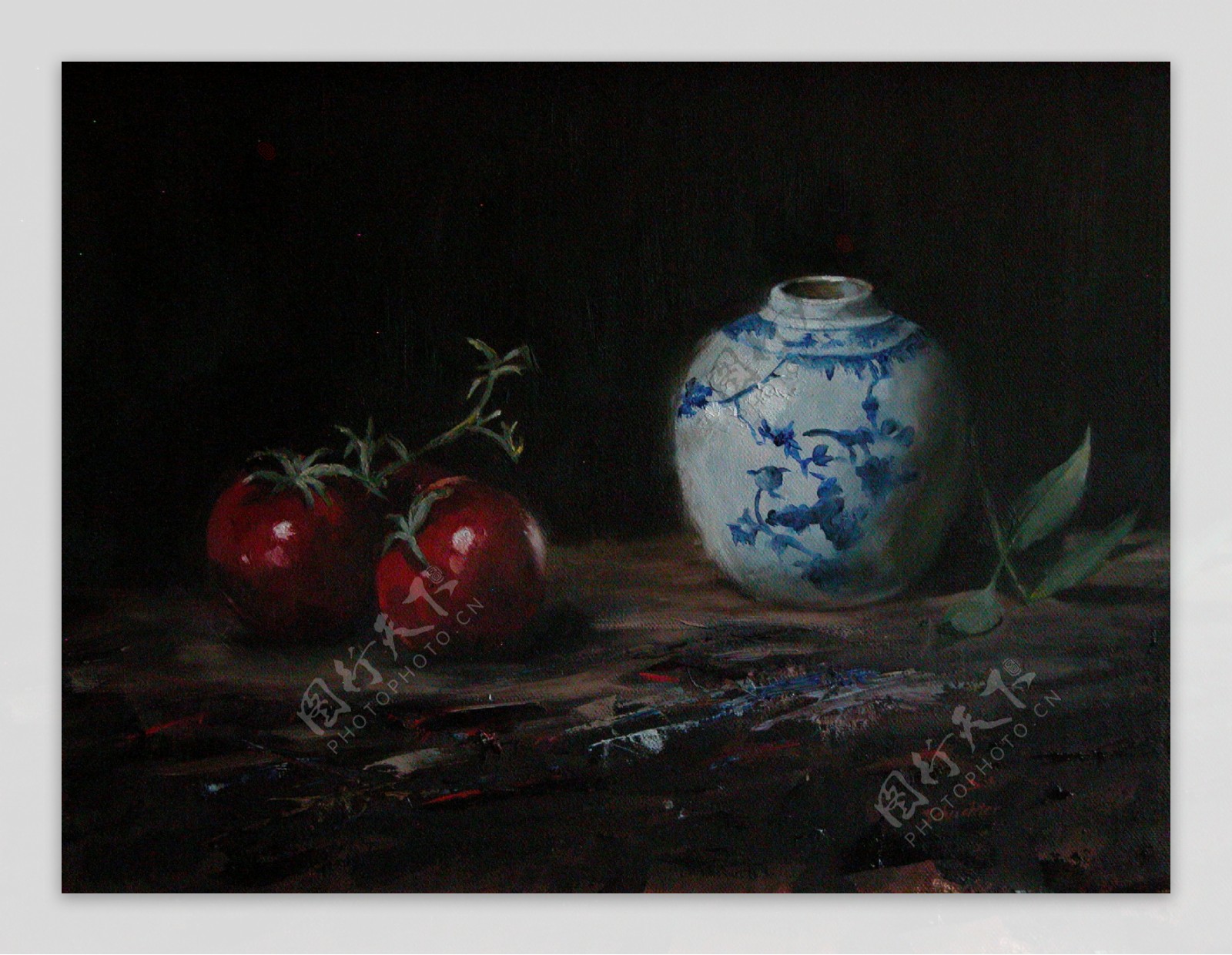 油画西红柿与陶瓷图片