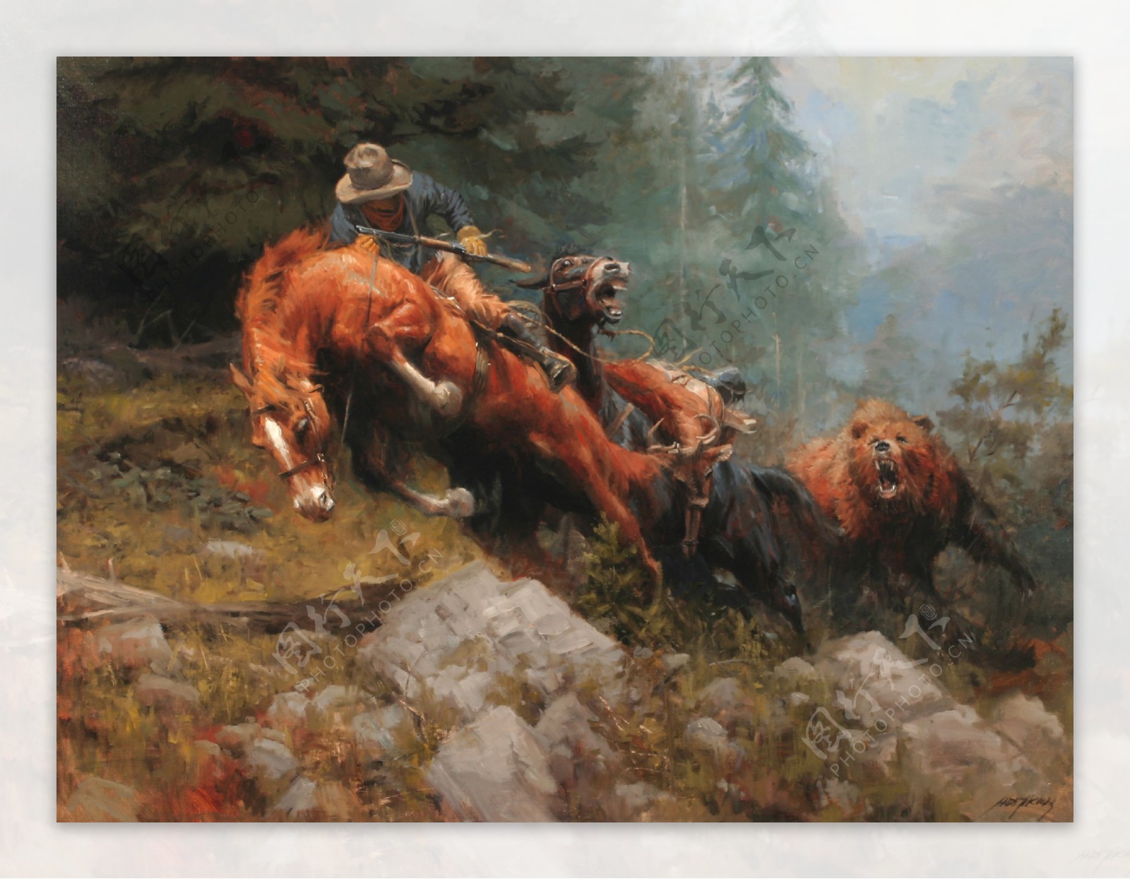 骑马摔下来的牛仔男人和猛虎油画图片