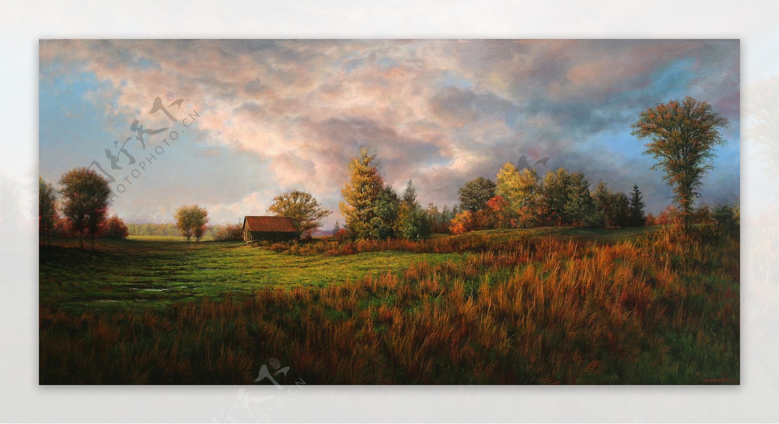秋天美丽的田野小屋油画图片