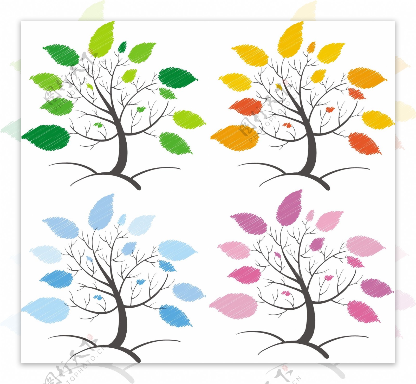 四棵不同颜色的抽象大树矢量素材