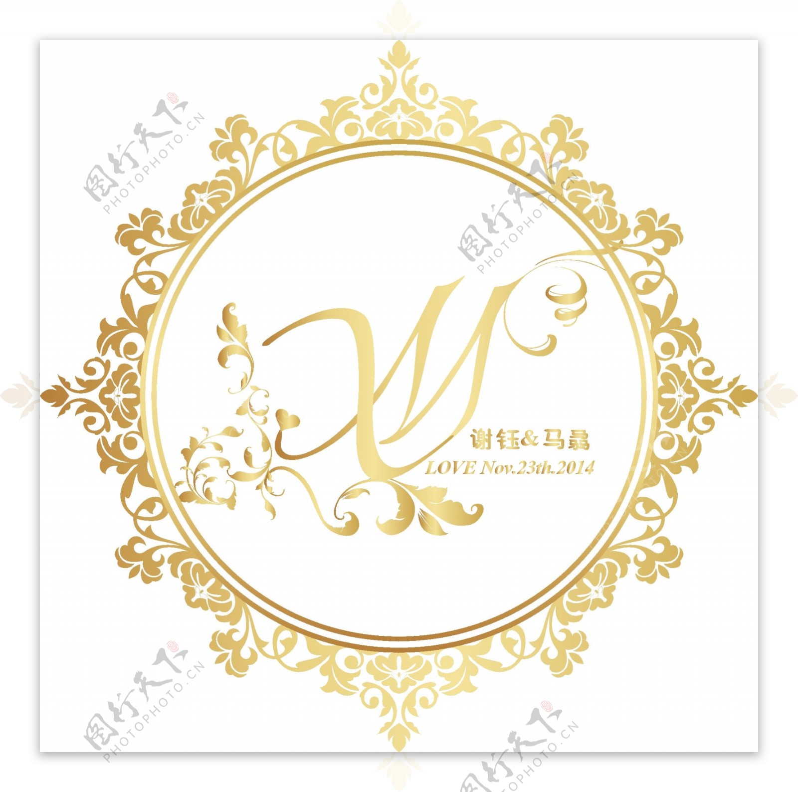 金色花边圆环婚礼logo