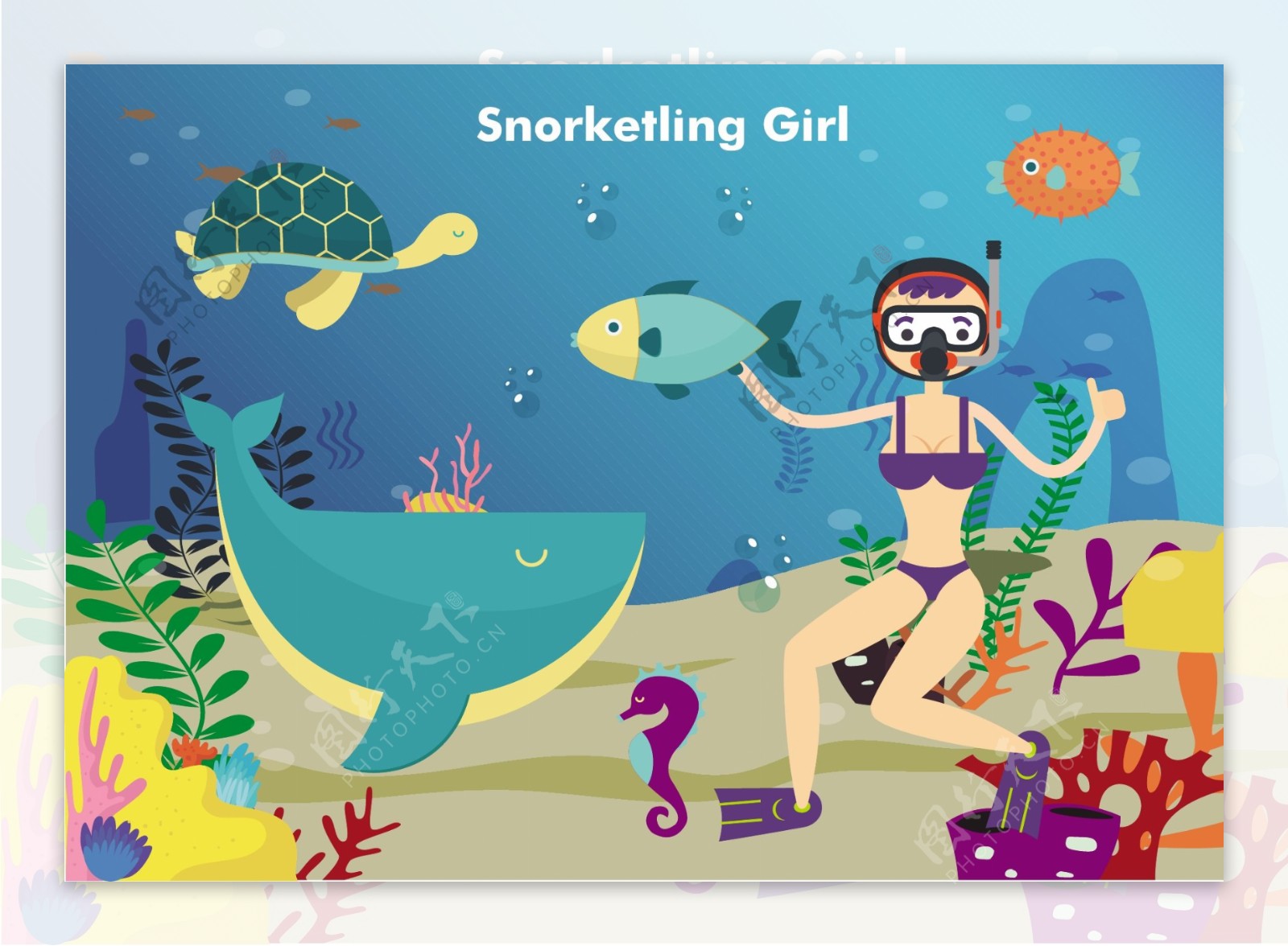 女孩在海上浮潜矢量插图颜色自由