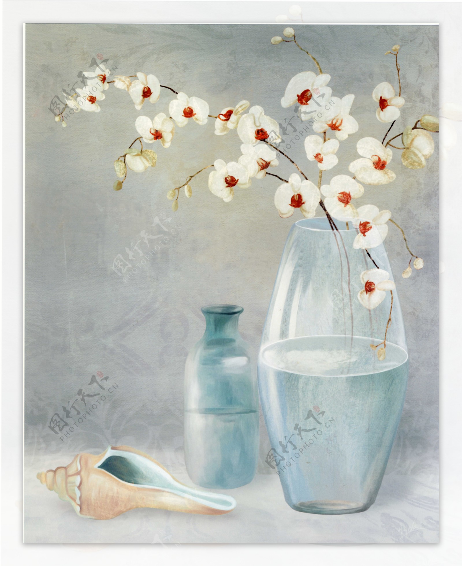 明花瓶与海螺油画