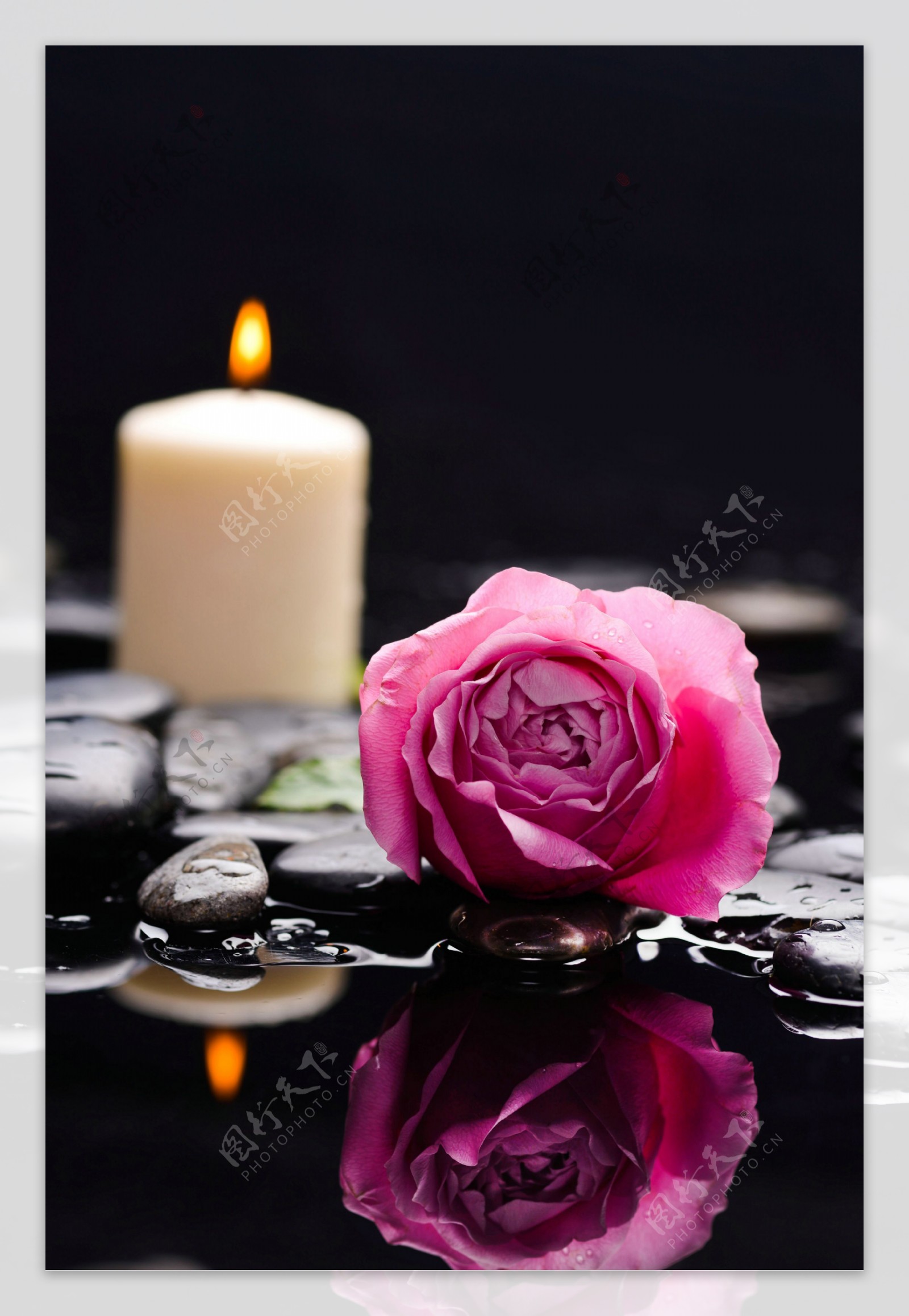 石头上的玫瑰花与蜡烛