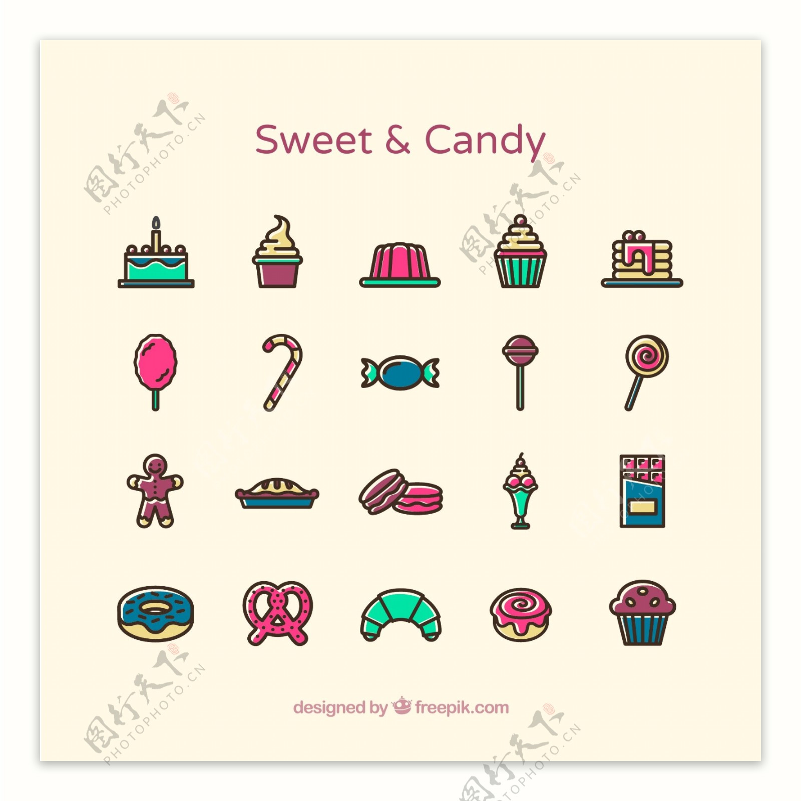 20款彩色甜食和糖果图标矢量素材