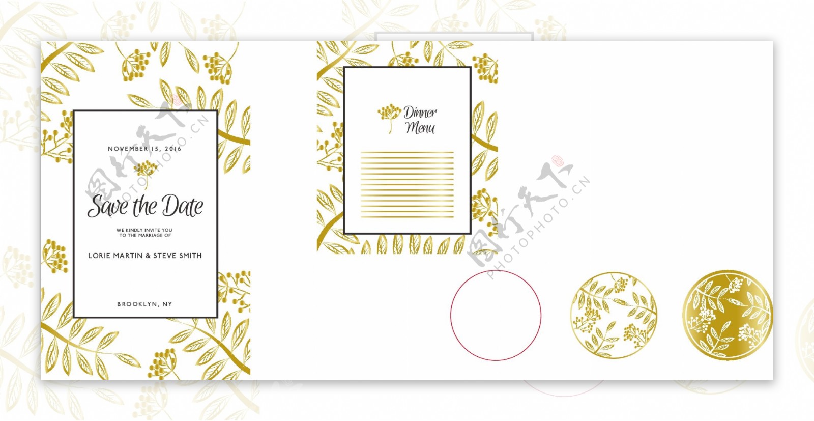 婚礼卡片与金色的花卉主题元素