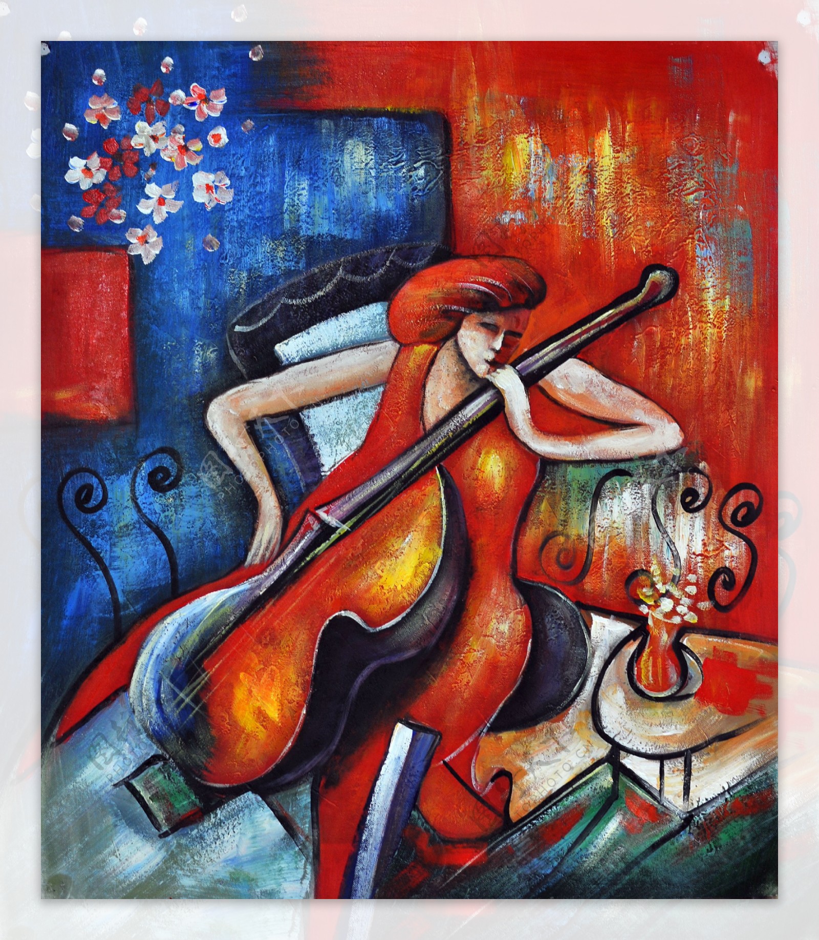 拉大提琴的女人油画图片