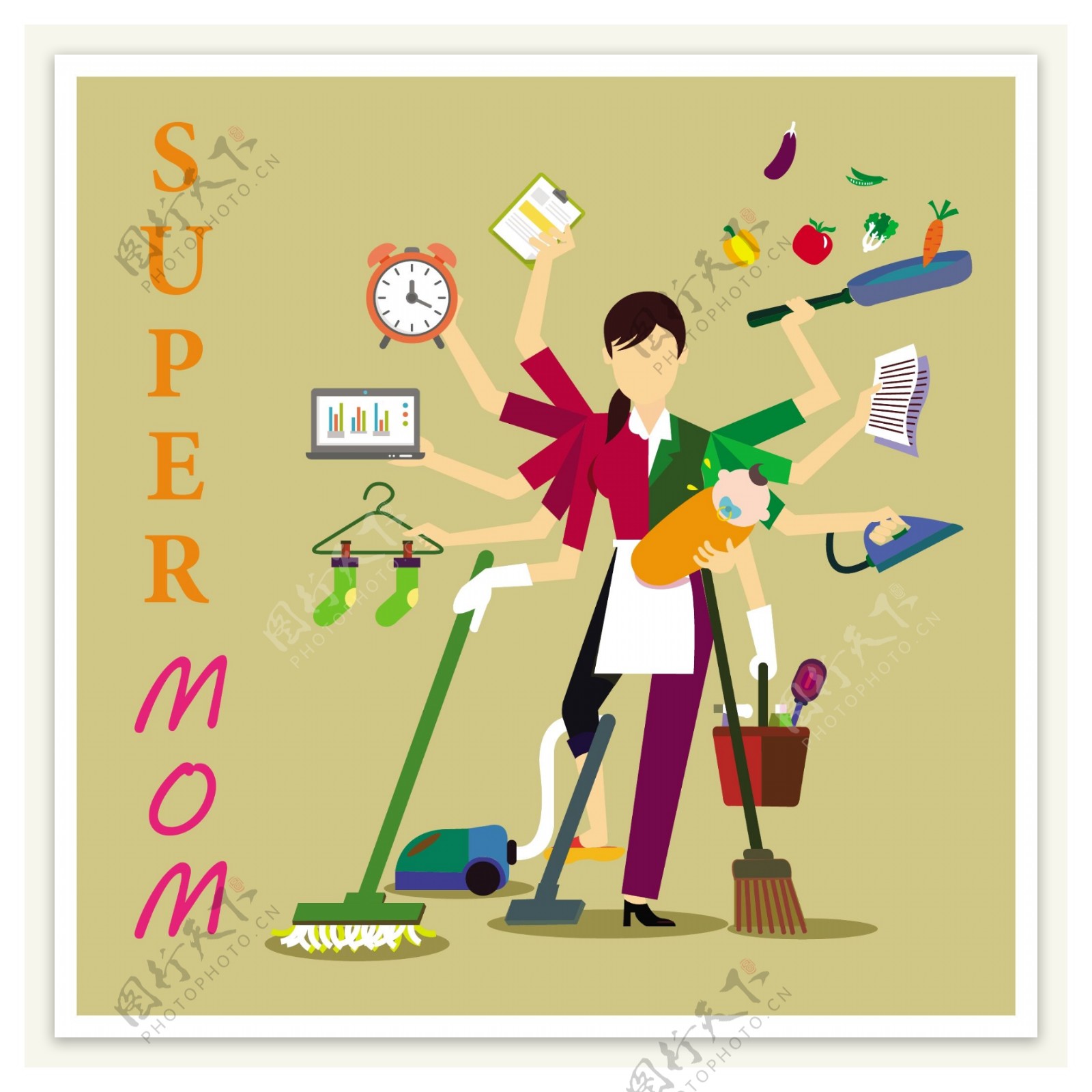 超级妈妈概念与女人和工作自由矢量插图