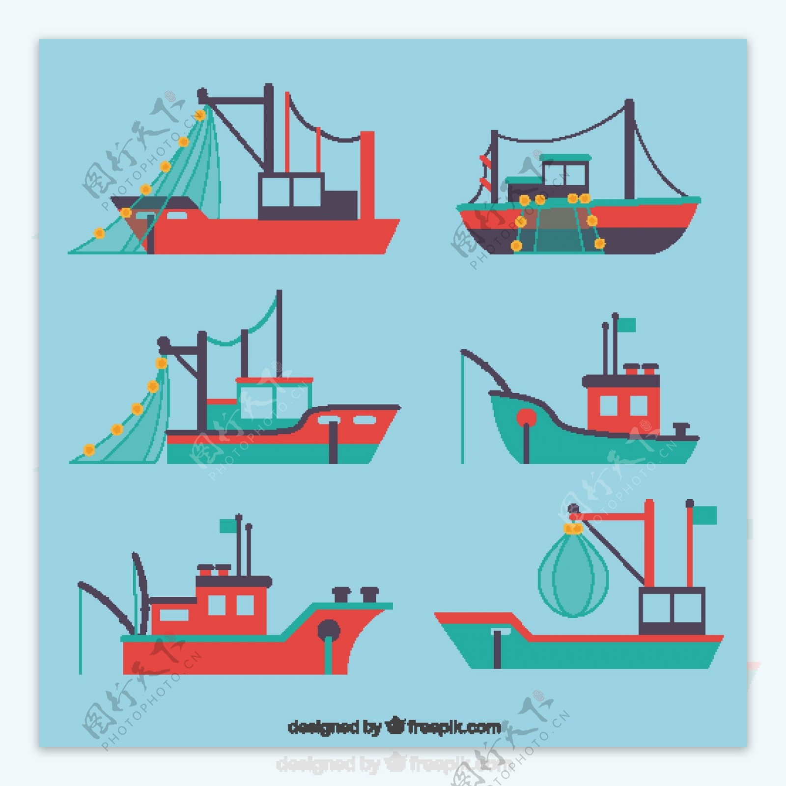手绘扁平风格的各种渔船