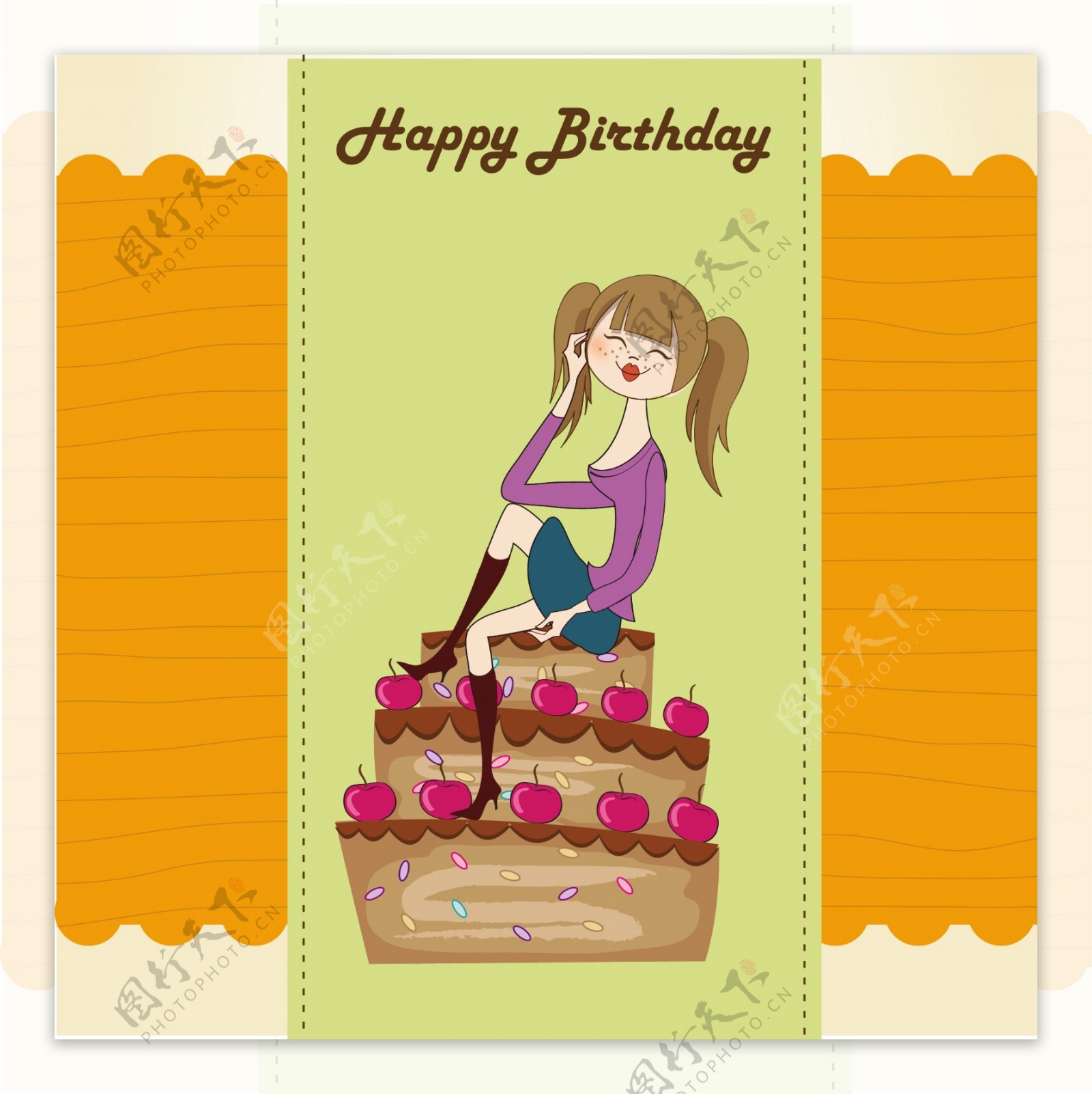 一个女孩坐在蛋糕上的生日卡片