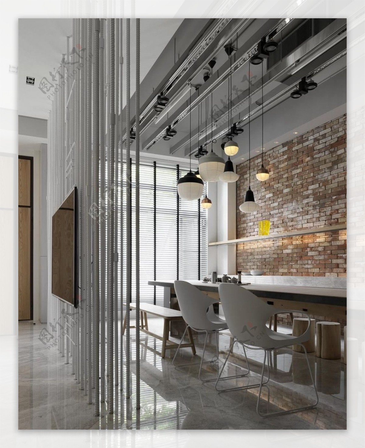 现代简约餐厅餐桌背景墙吊灯设计图
