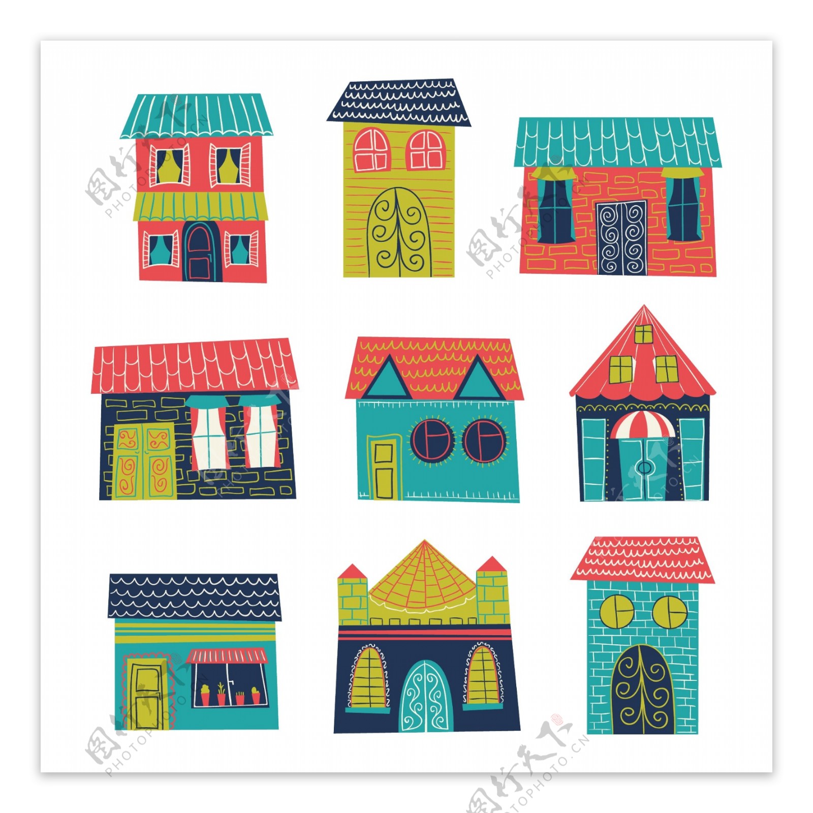 不同的彩色房子图案矢量素材下载