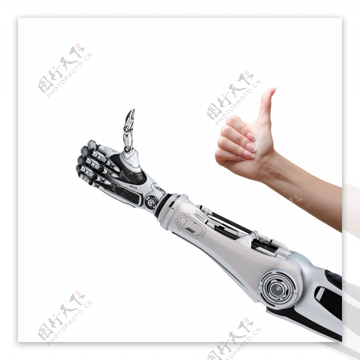 竖着大指姆的机器人手与人物手图片