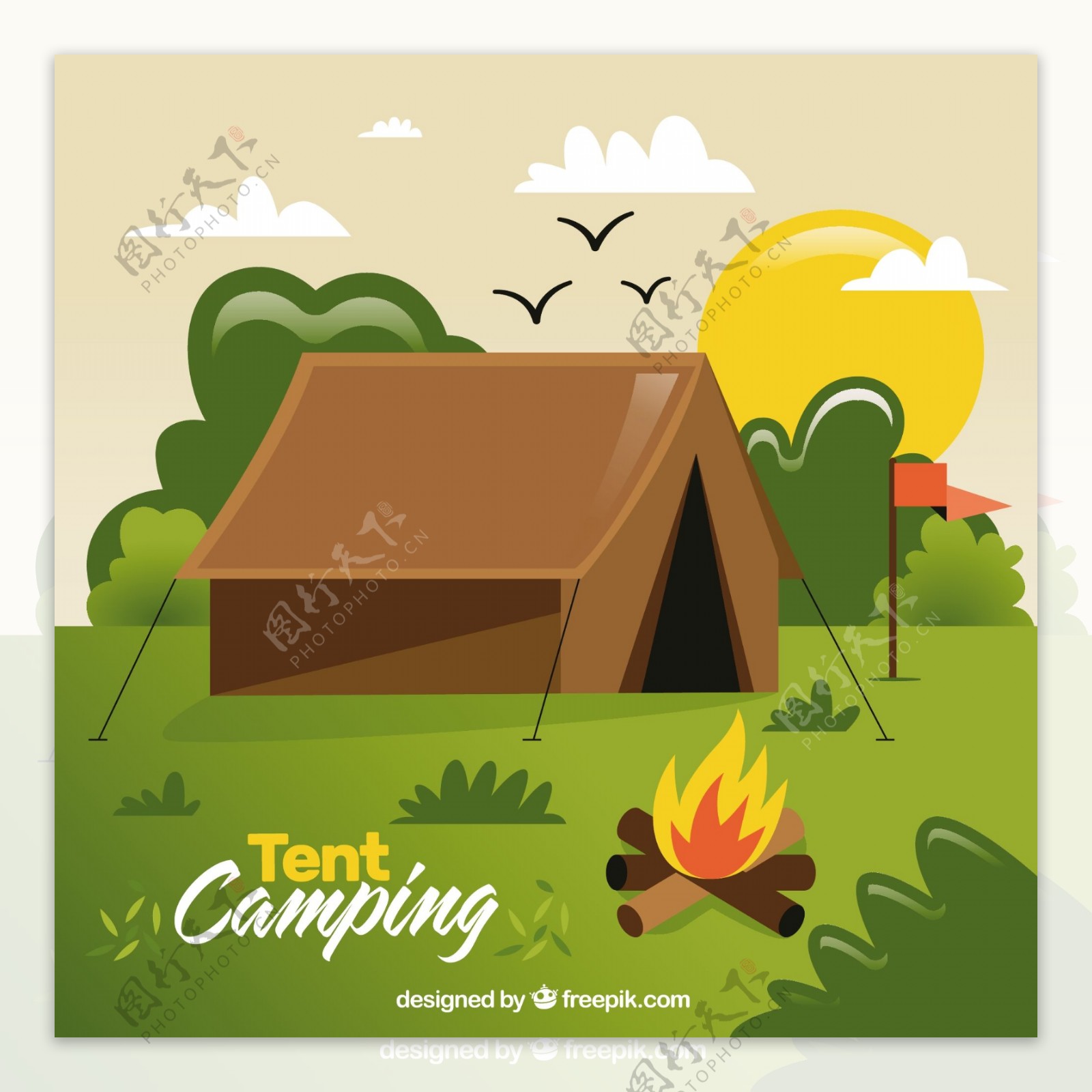 在森林里手绘棕色野营帐篷