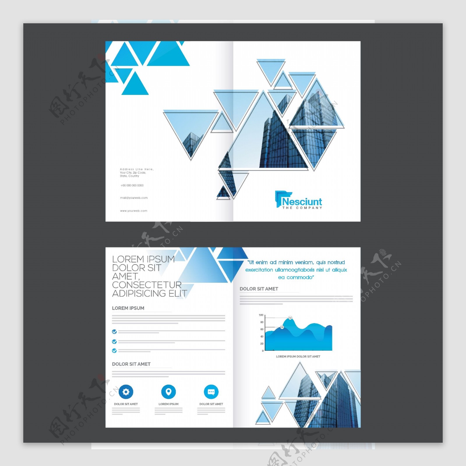 抽象几何三角形企业宣传册设计统计图图表和现代摩天大楼的经营理念