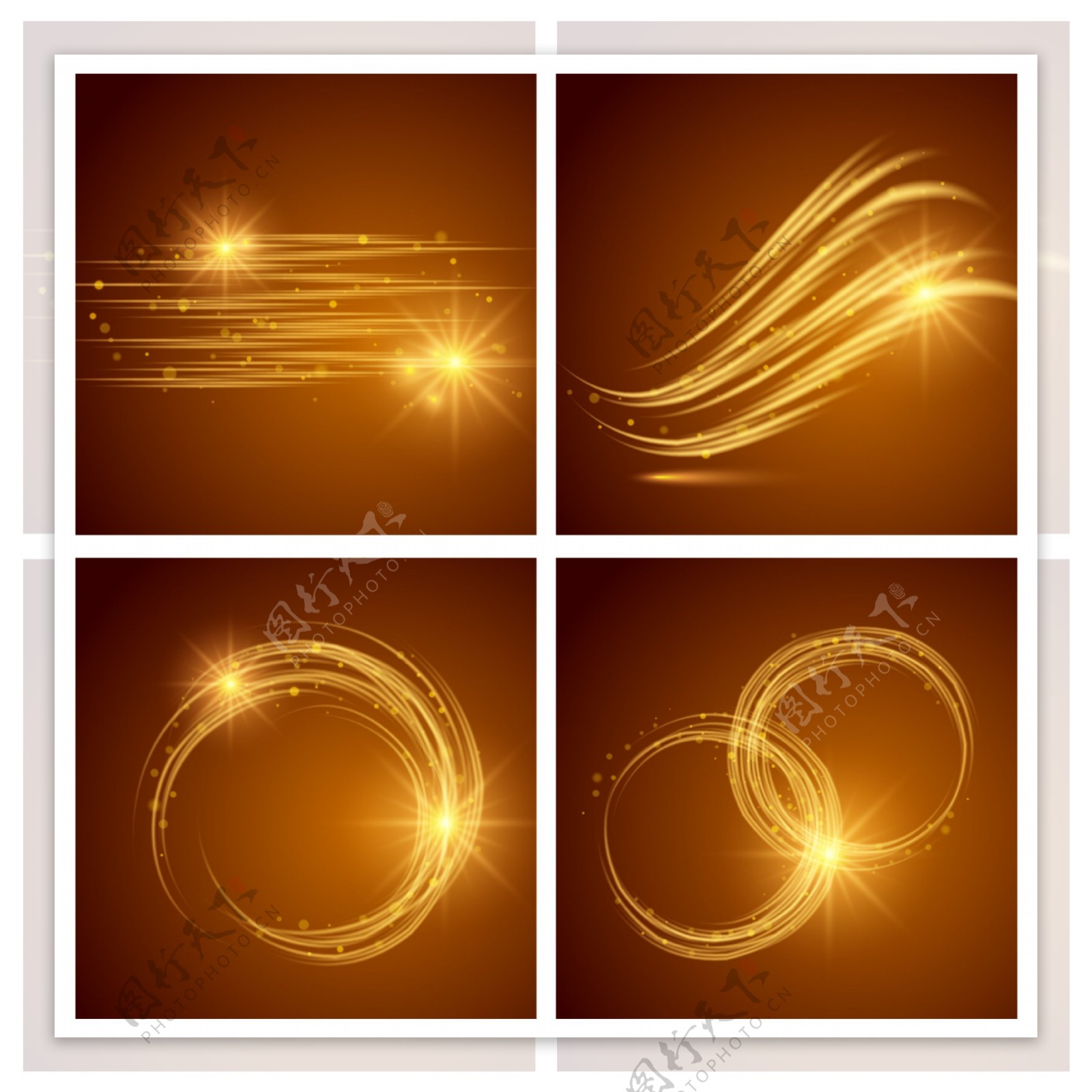 金色抽象元素或效果集包括棕色背景下的发光线条波浪和圆形图形