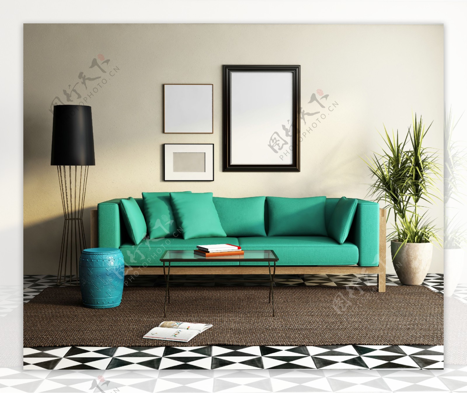 绿色沙发和壁画设计图片