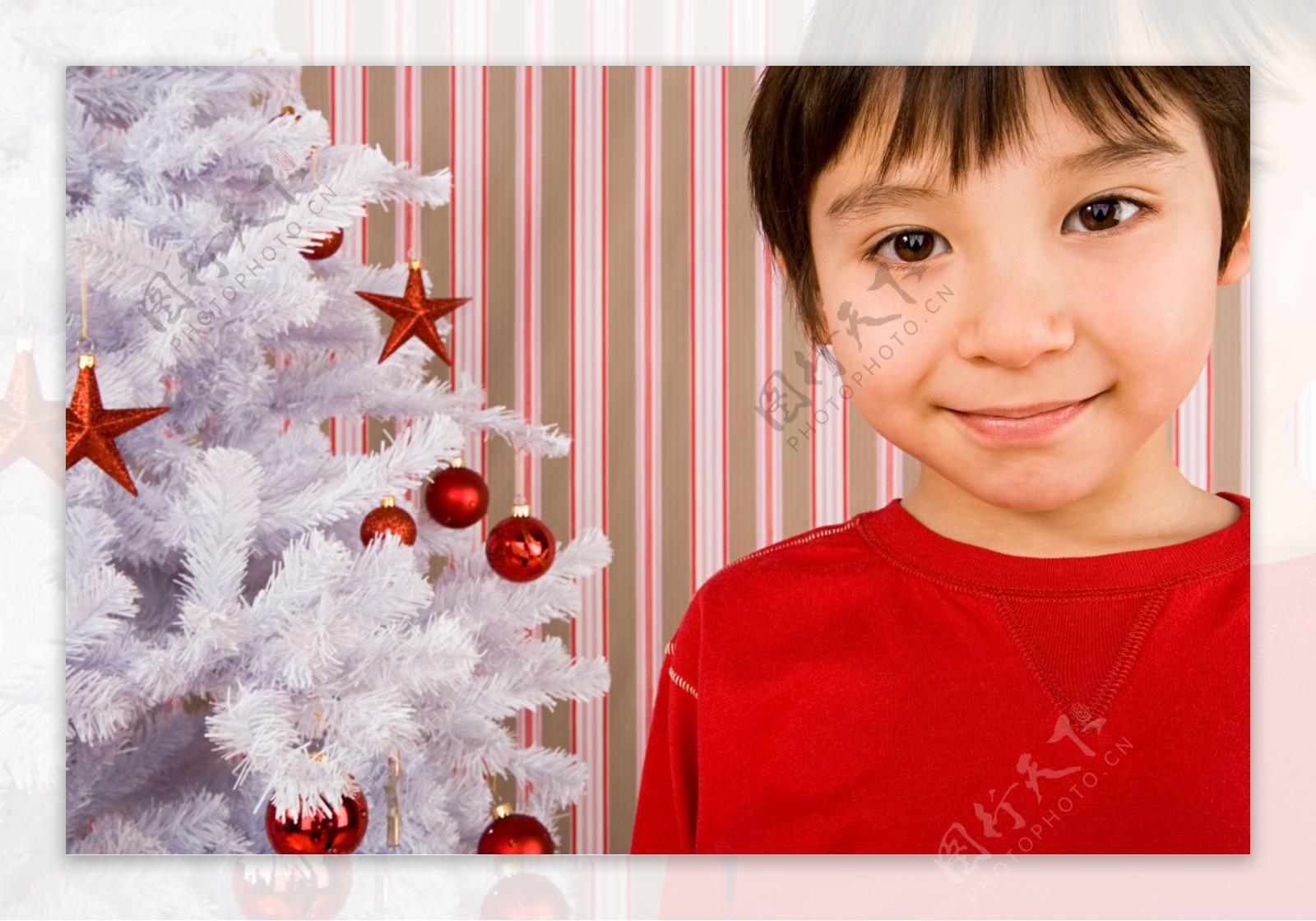 圣诞树旁的可爱男孩