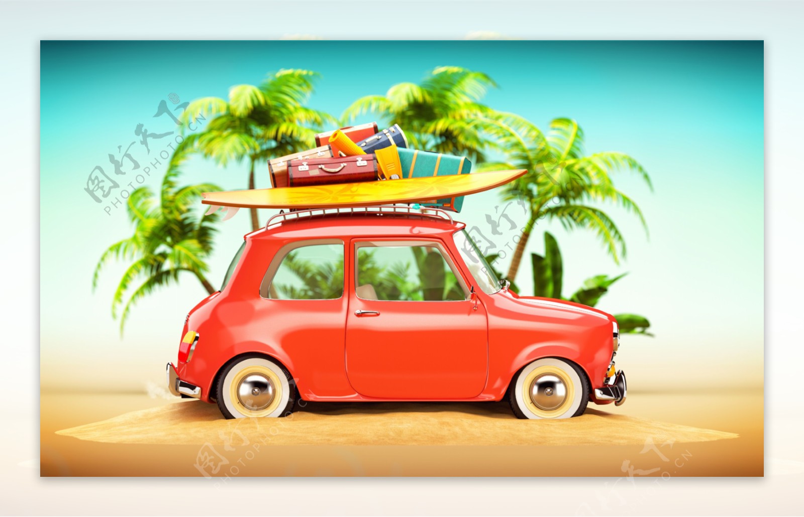 行李箱冲浪板与卡通汽车图片