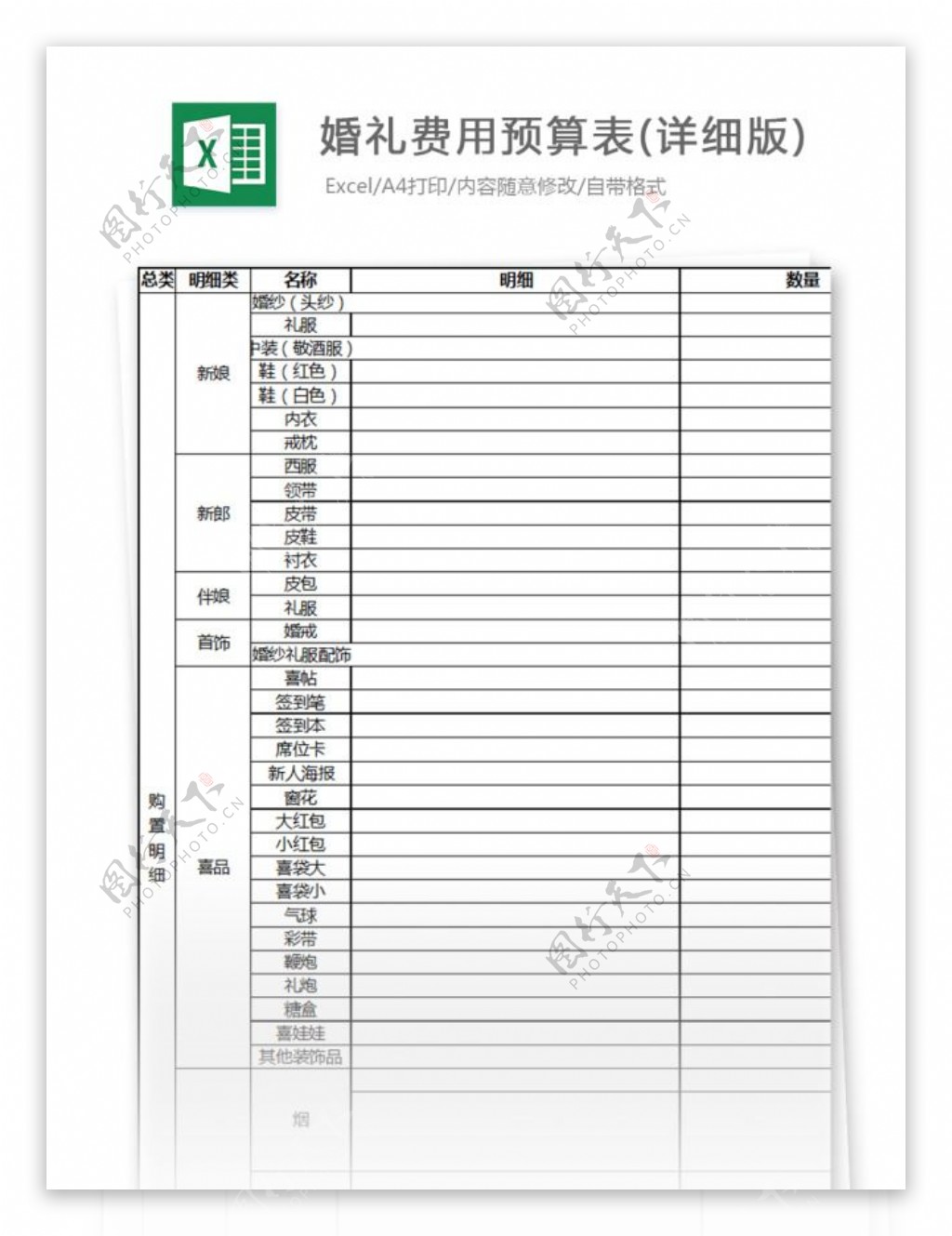 婚礼费用预算表详细版excel模板