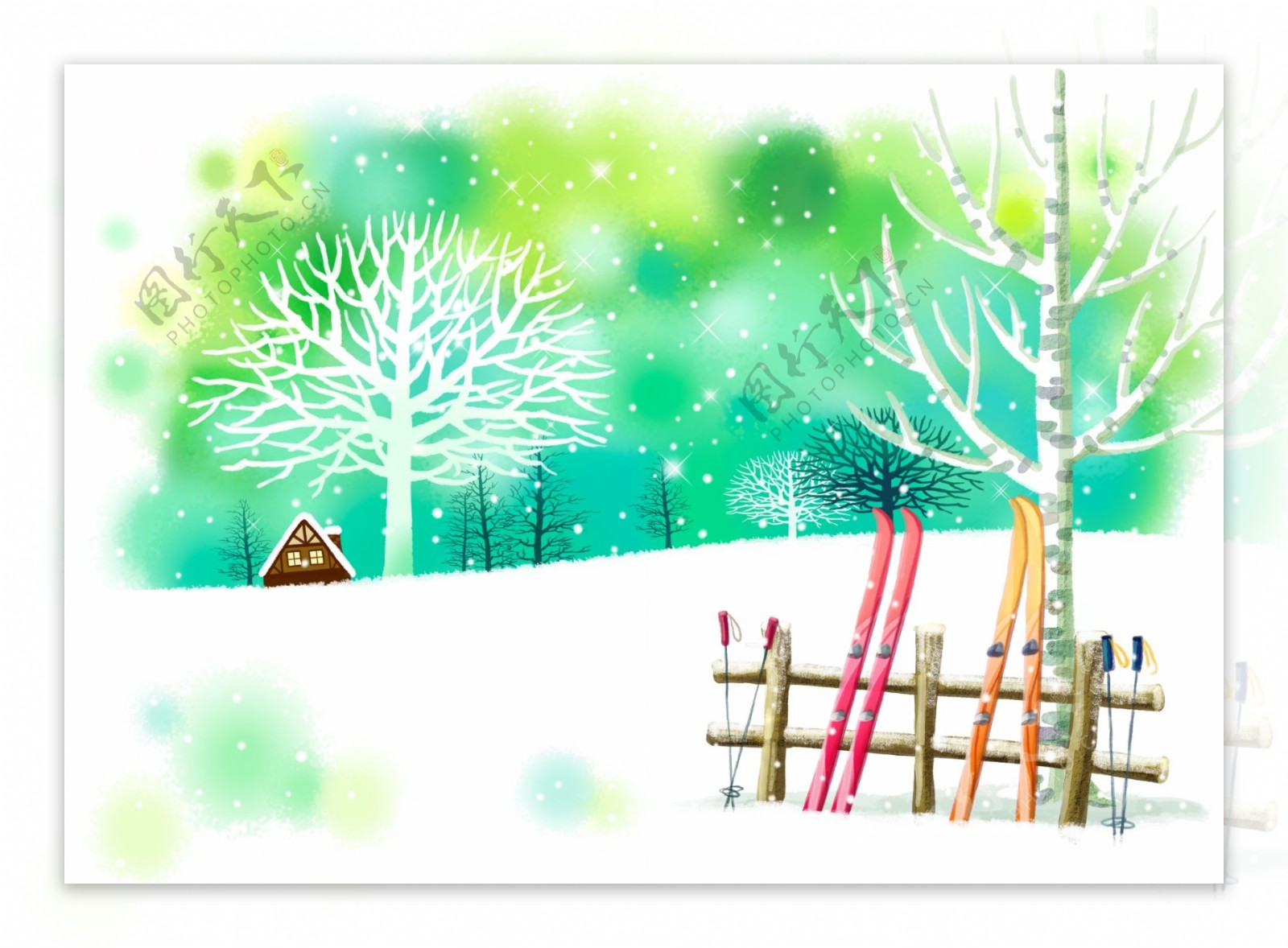 唯美雪地小屋雪橇绘图插画图片