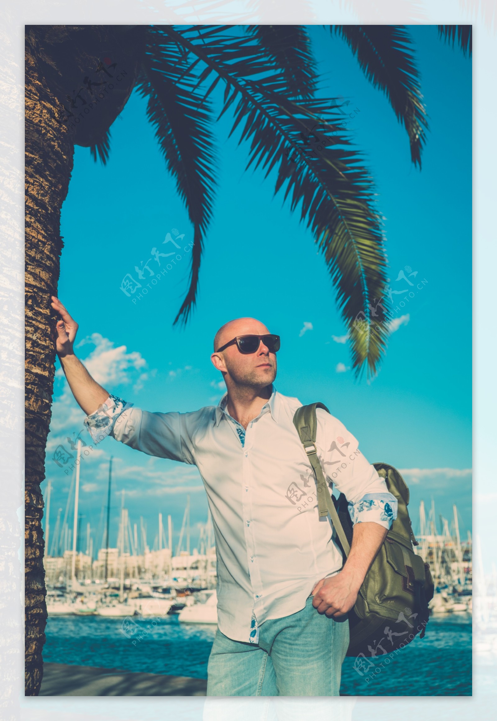 手扶椰树的男人图片