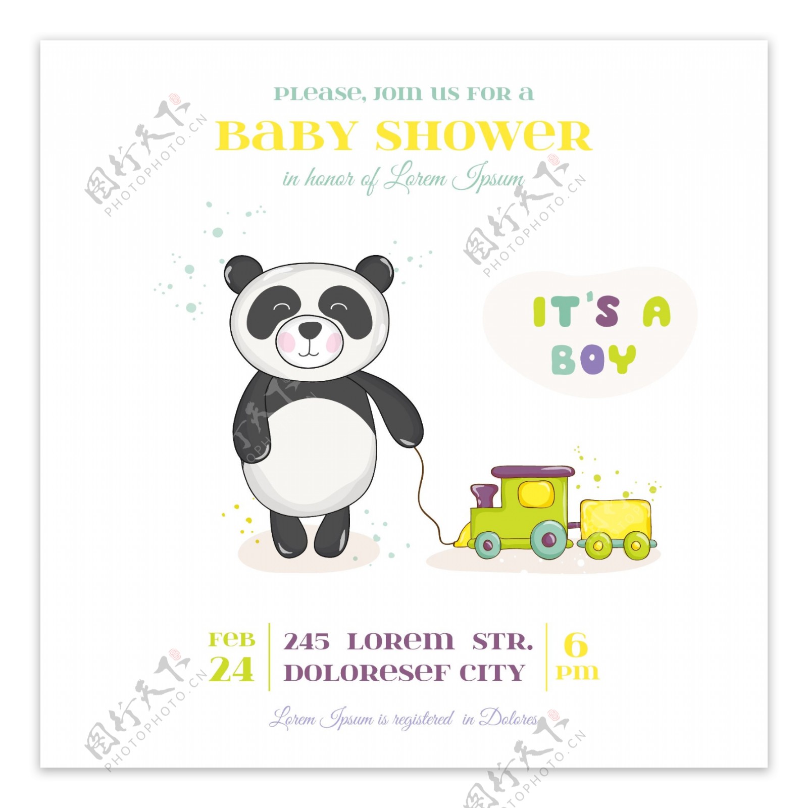 玩玩具婴儿洗礼卡通熊猫邀请卡片矢量素材