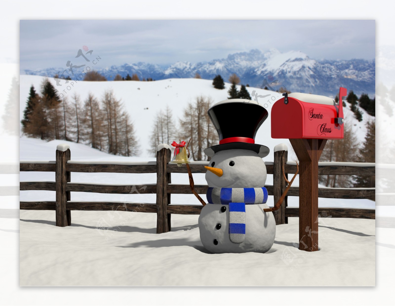 雪地上的雪人与邮箱图片