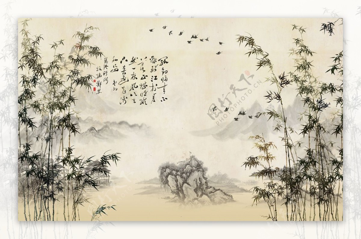 竹林飞鸟中国画背景墙