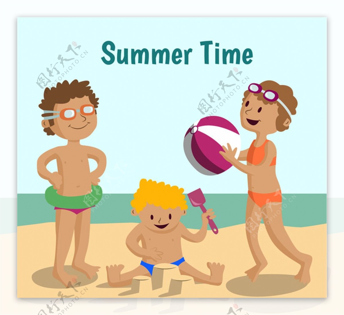 夏日沙滩玩耍儿童矢量素材