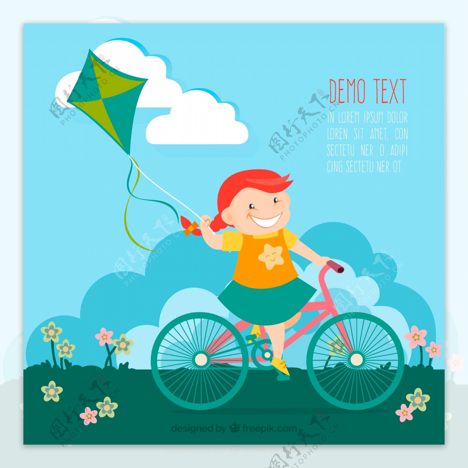 骑单车放风筝的女孩矢量图图片