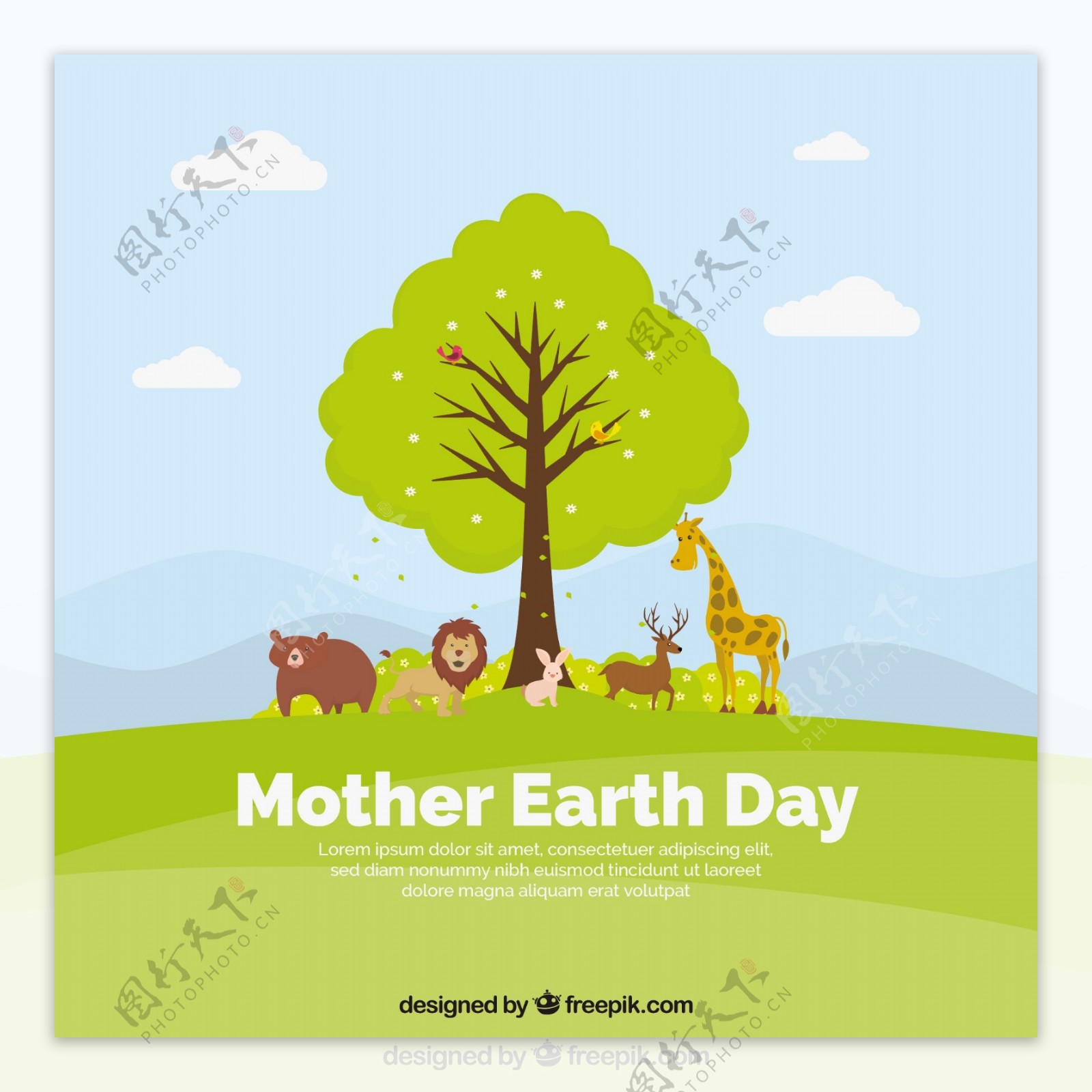 伟大的地球母亲日与树和动物的背景