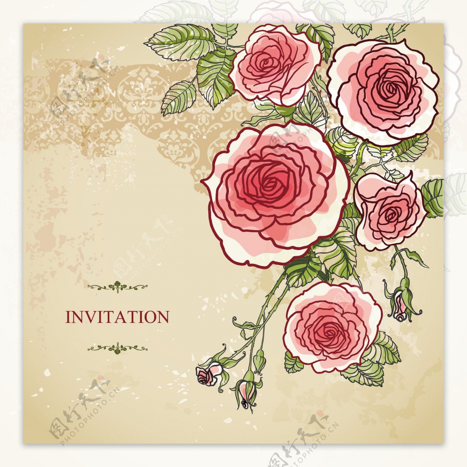 抽象玫瑰古典婚礼邀请
