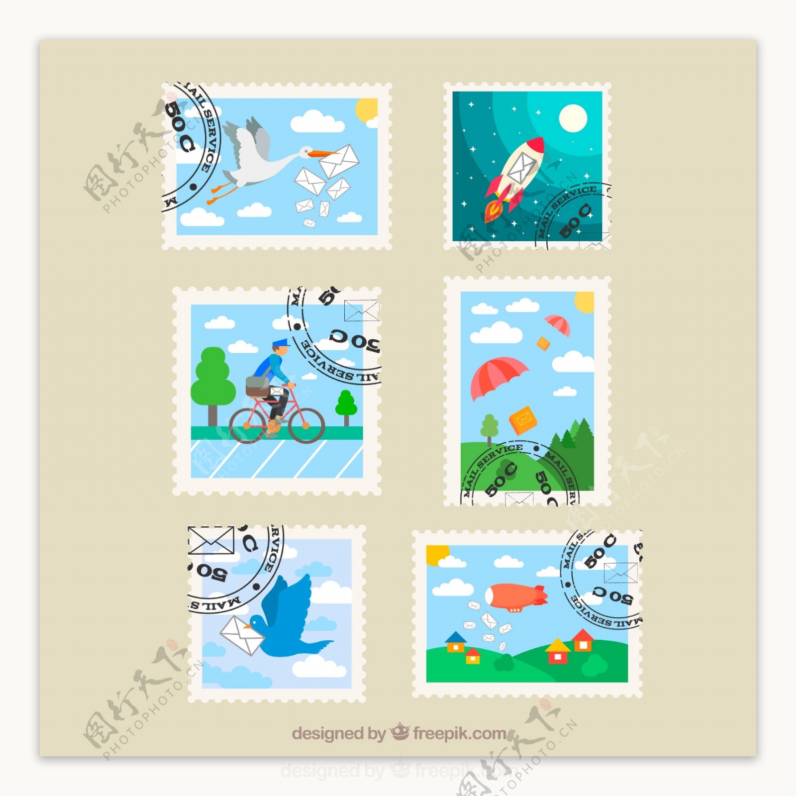 6款清新盖邮戳的邮票设计矢量素材