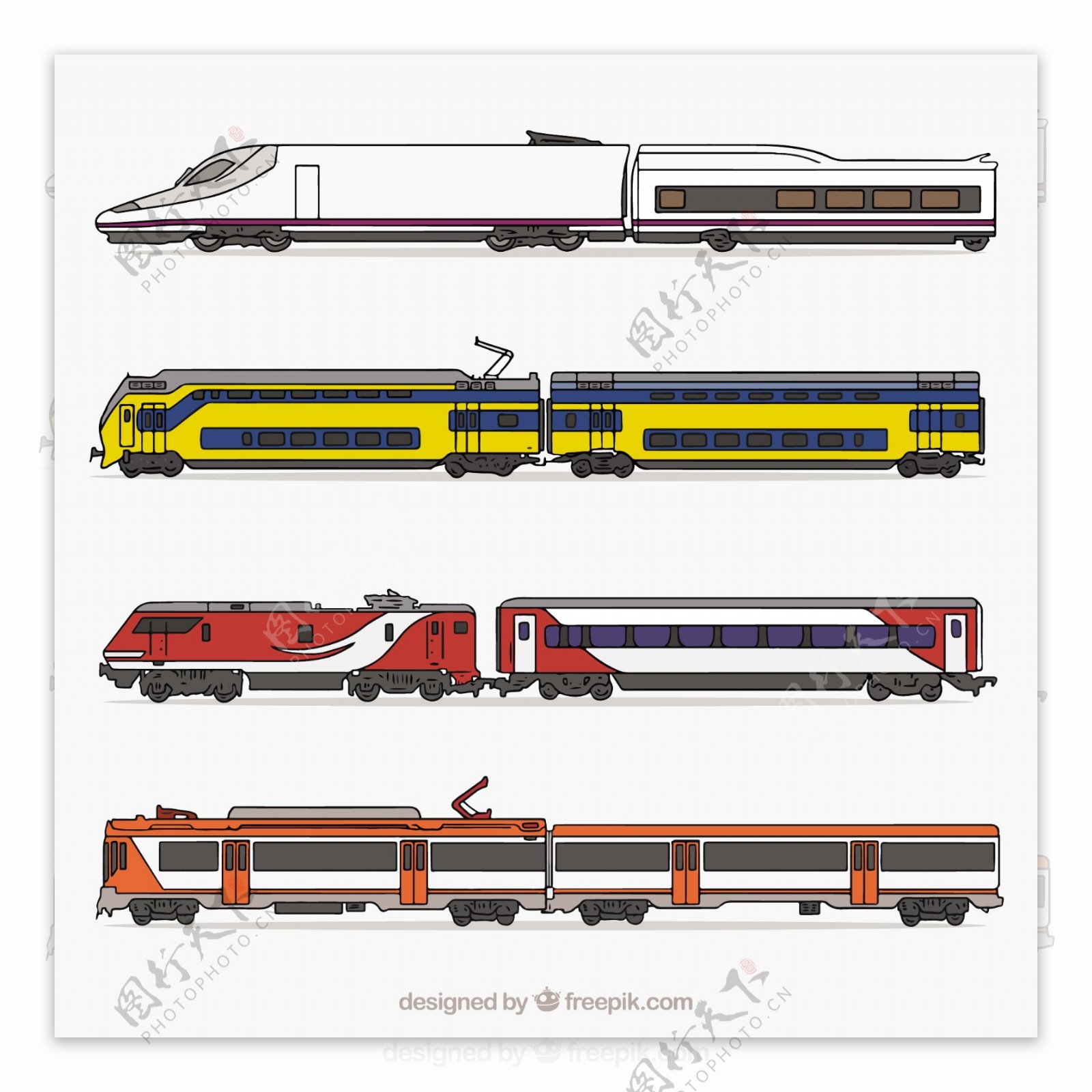 手绘各种火车机车高铁插图