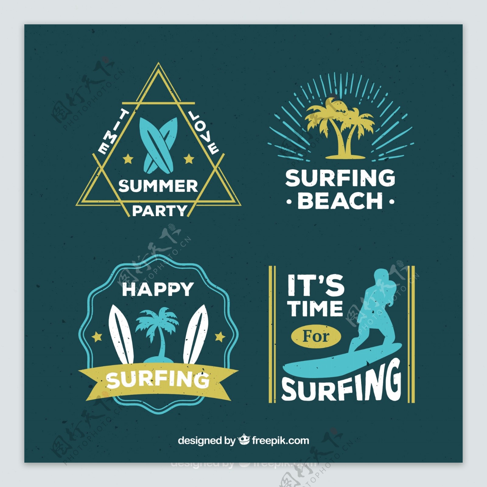 4款复古夏季冲浪标志矢量图