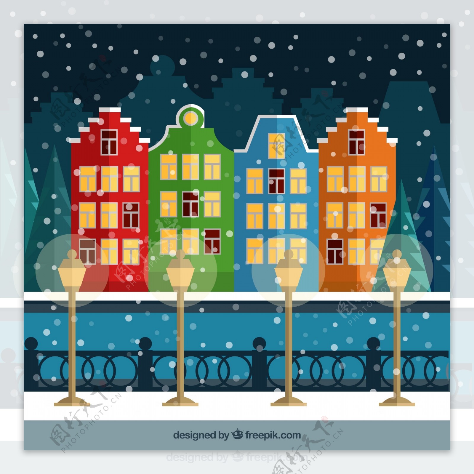 下雪的城市与彩色房屋