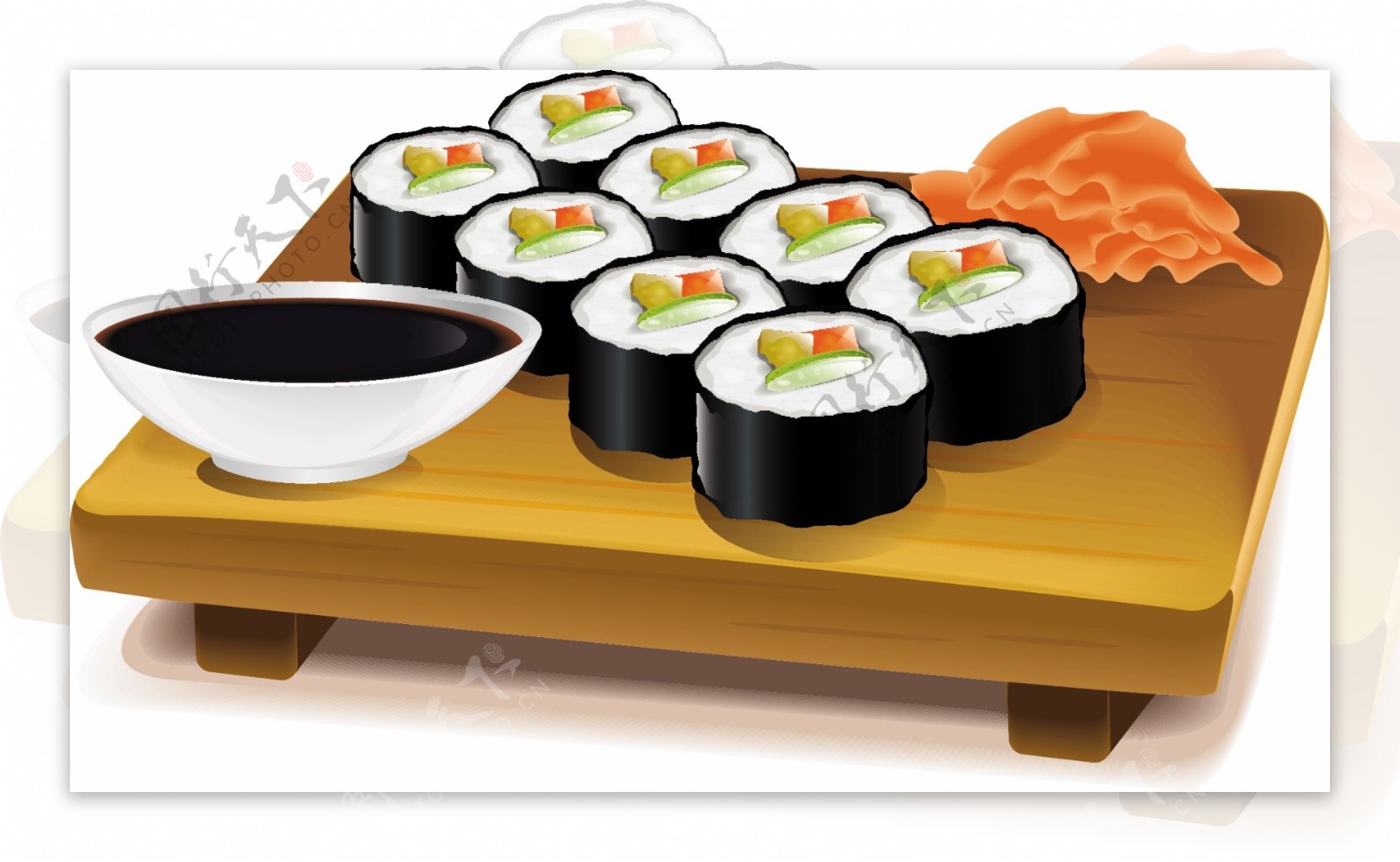 方桌上的寿司和碗插画