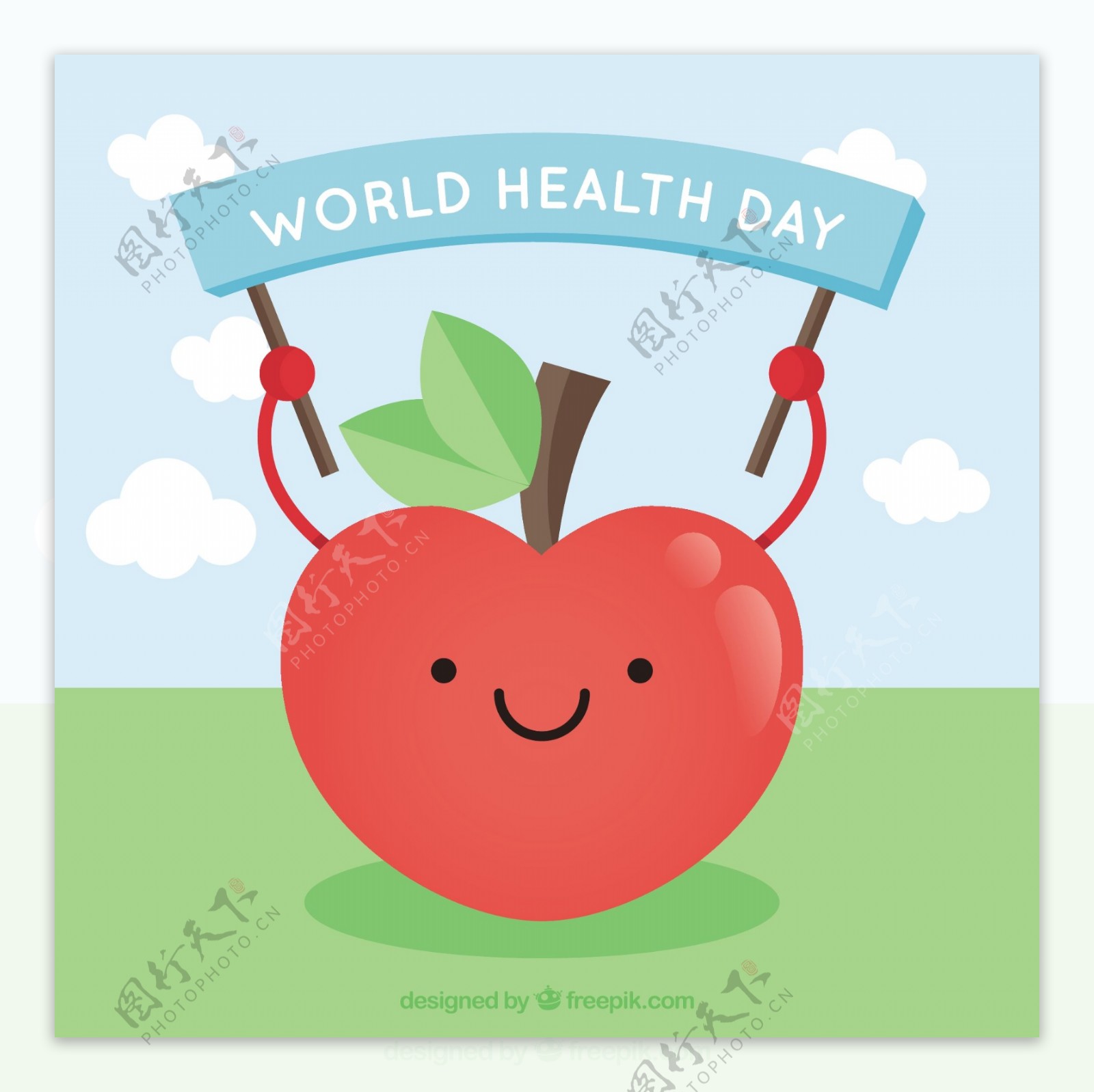 为世界卫生日微笑的红苹果