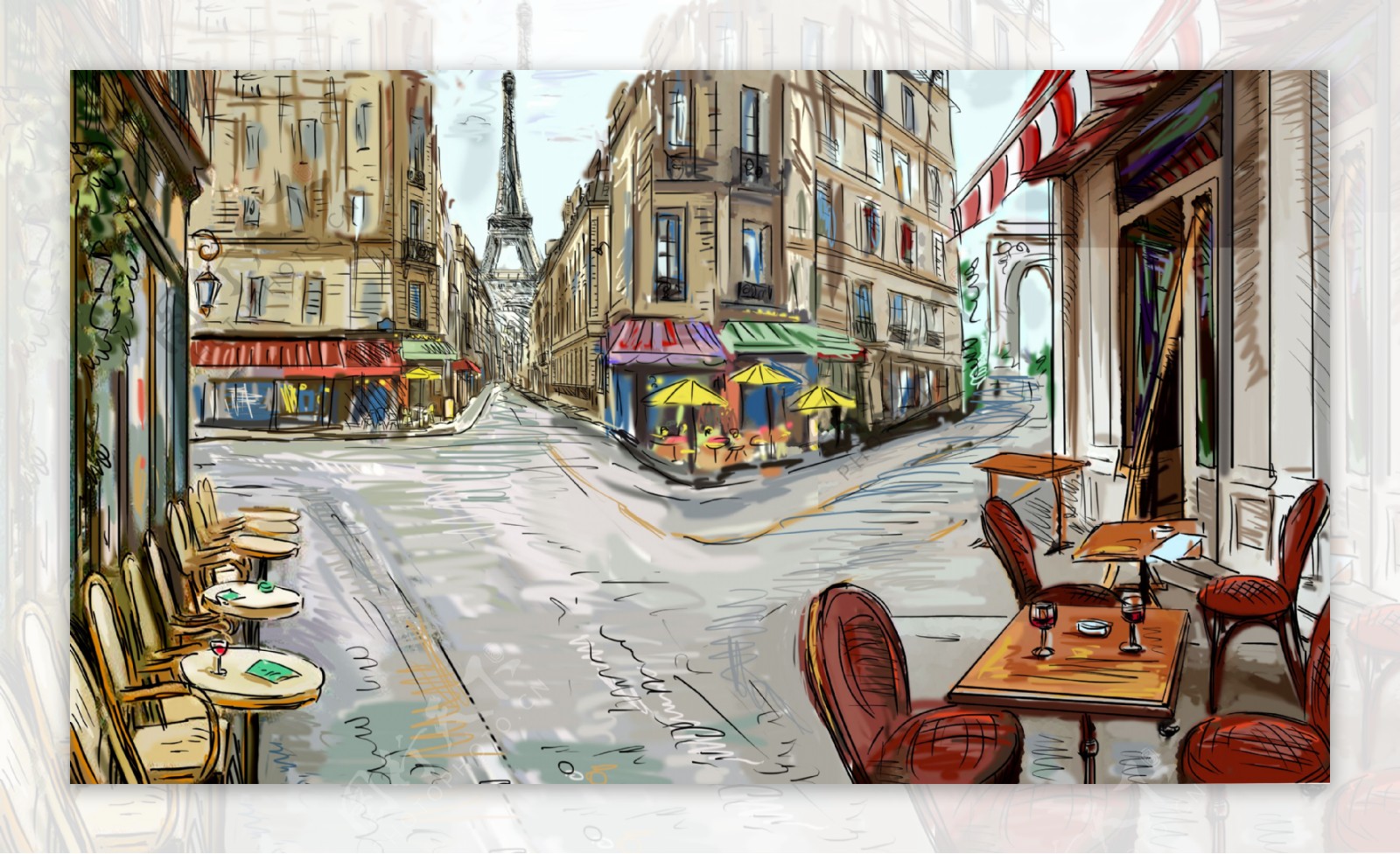 手绘巴黎街道景色