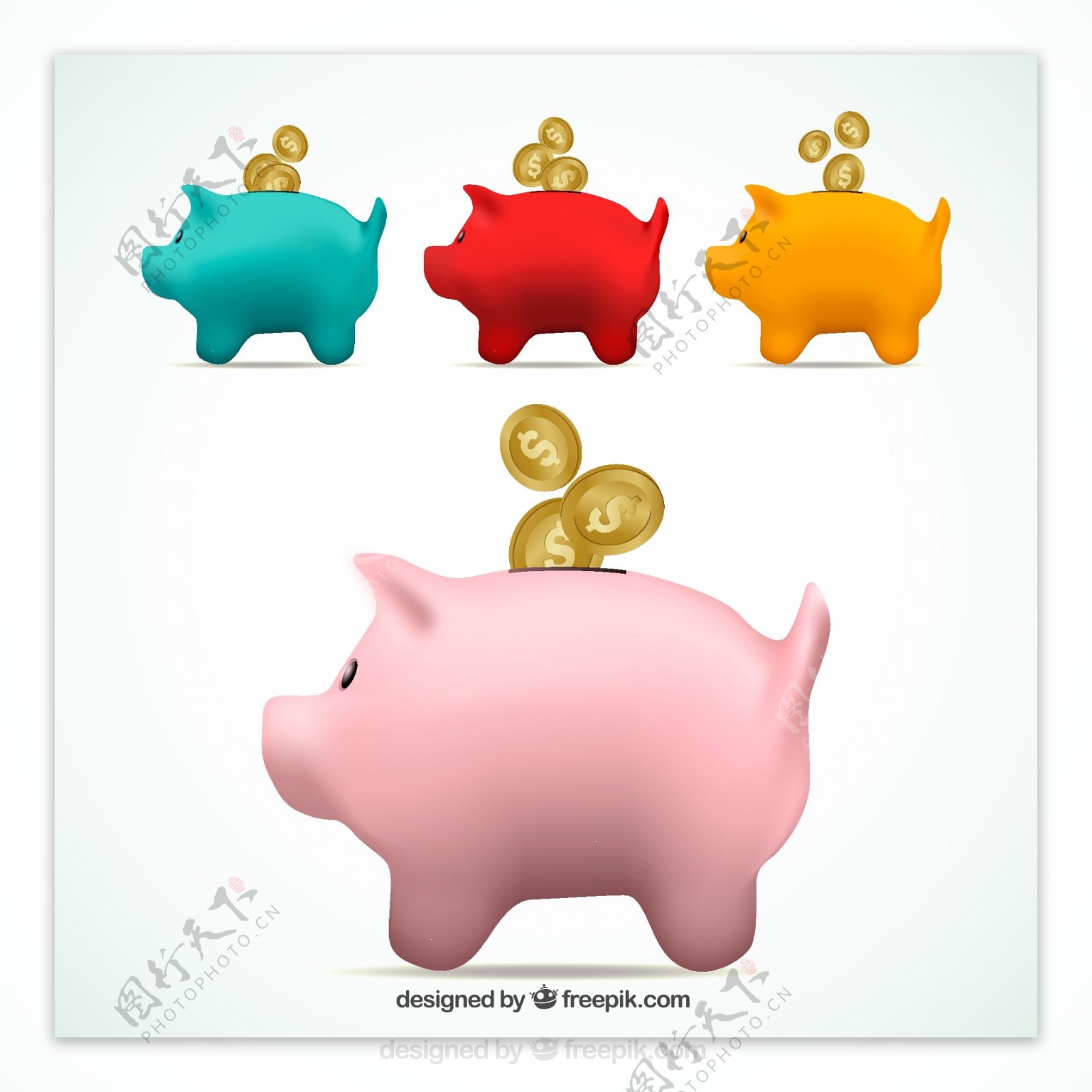 4款彩色猪储蓄罐矢量图