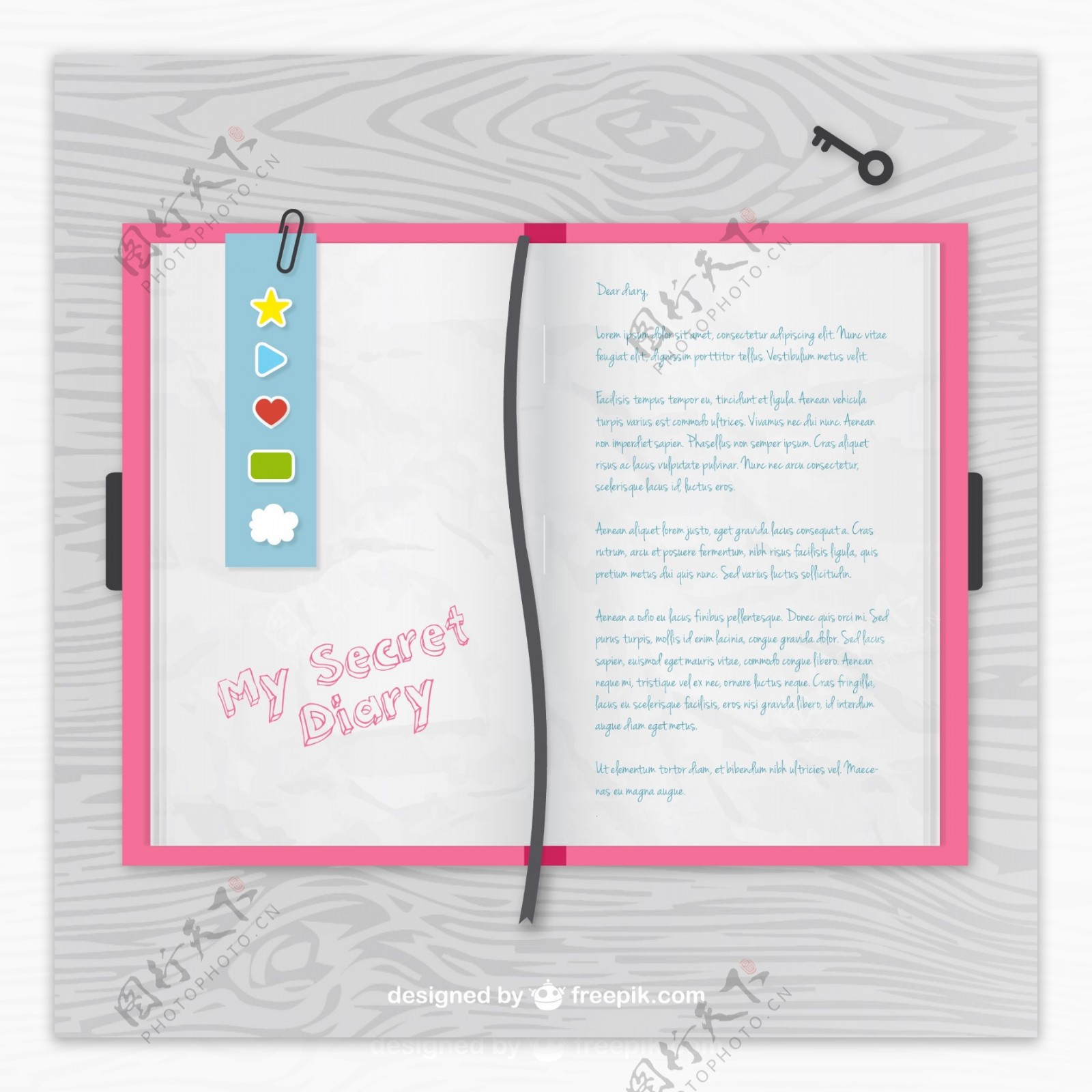 敞开的粉色日记本矢量素材图片