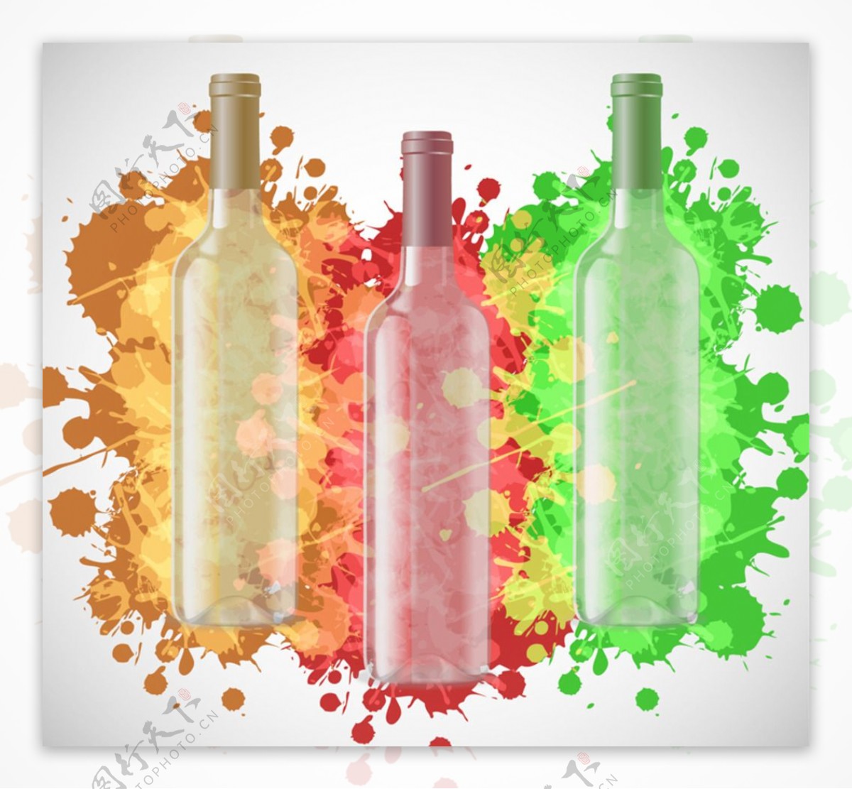 水彩墨迹和葡萄酒瓶矢量图