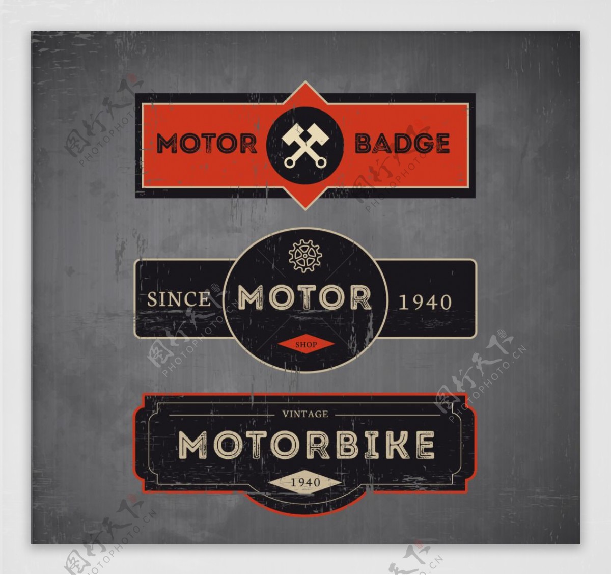 复古风格的三辆摩托车徽章集