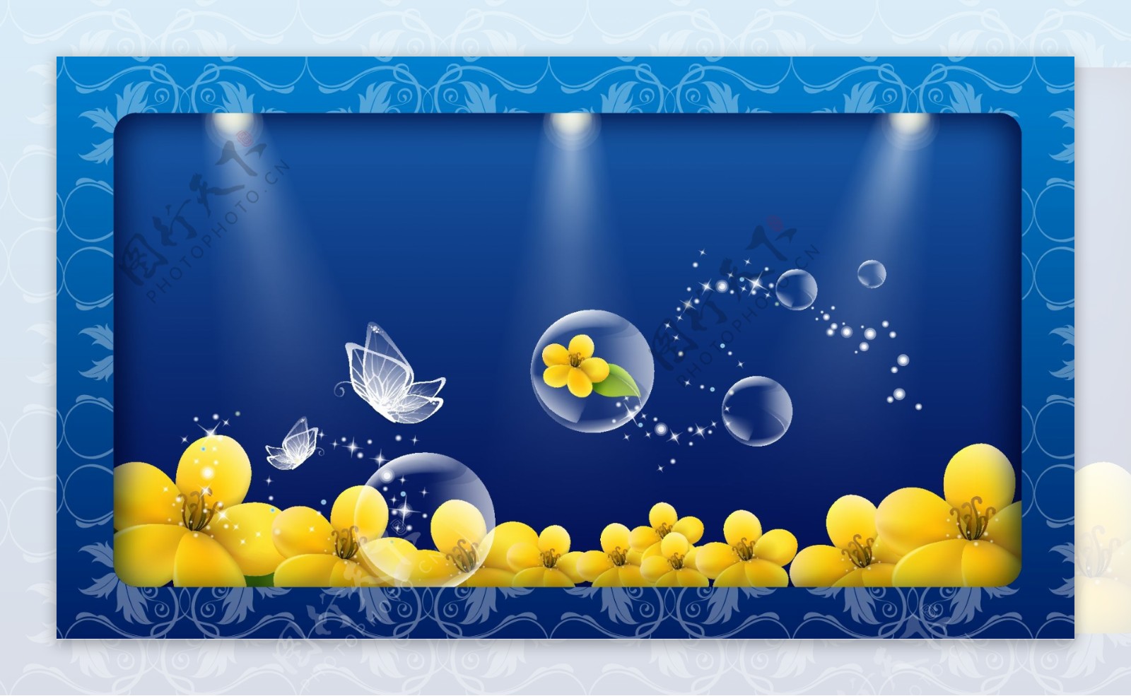 荧光水晶蝴蝶泡泡和花卉背景
