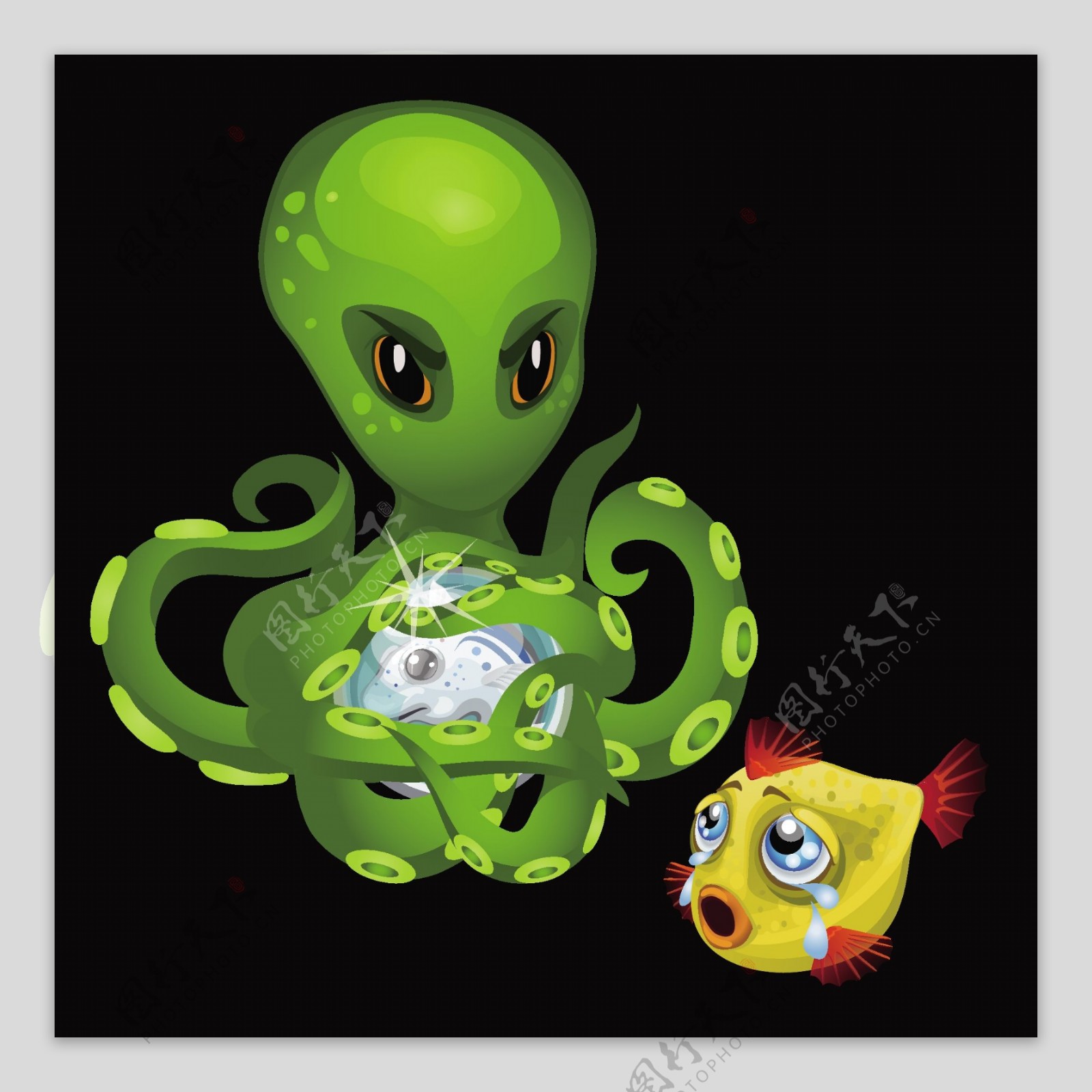 一只绿色的章鱼和一只黄色的鱼